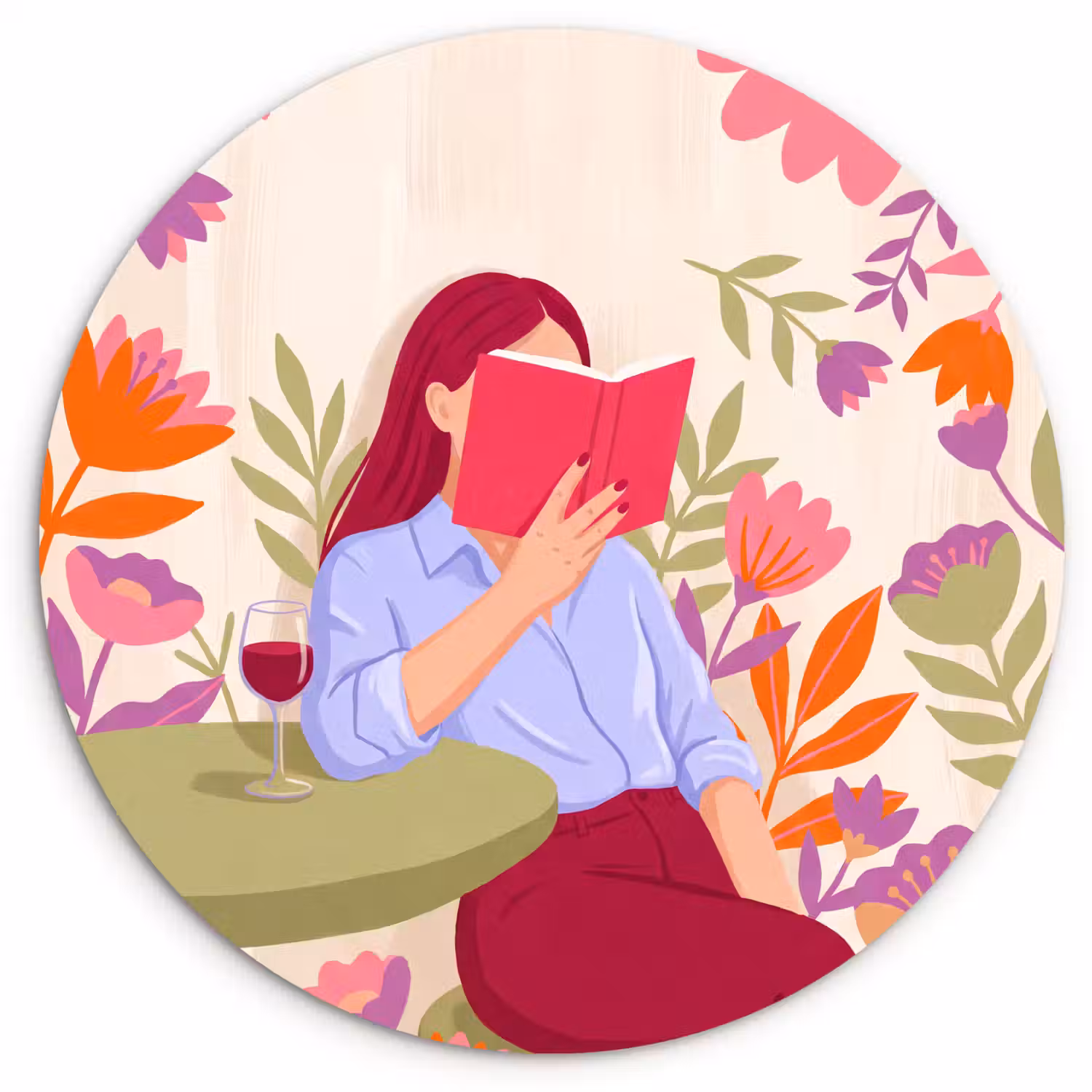 Vrouw - Lezen - Thuis - Modern - Bloemen Wandcirkel kunststof plaat 5mm dik klein -3d