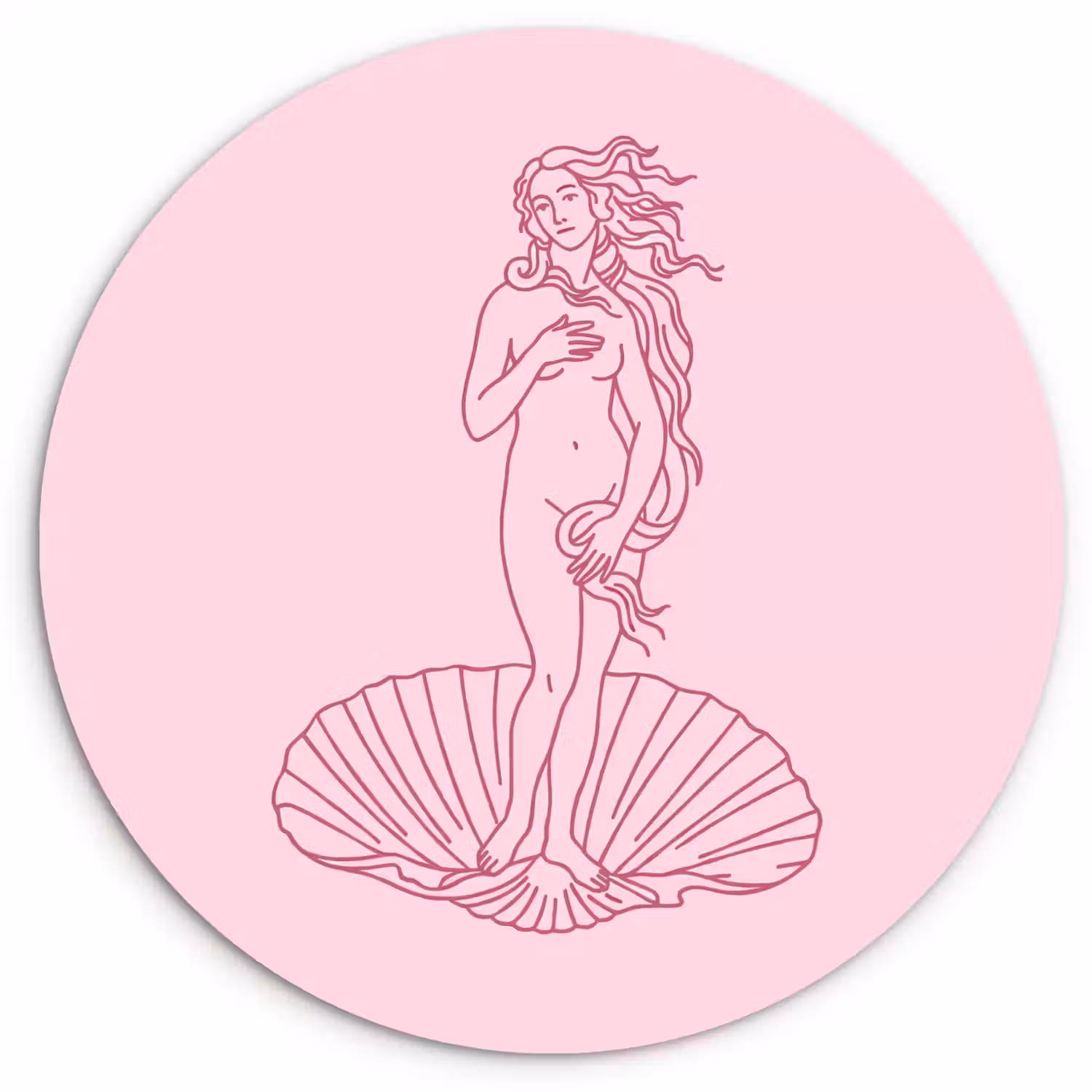 Vrouw - Schelp - Kunst - Lijntekening - Roze Wandcirkel kunststof plaat 5mm dik klein -3d