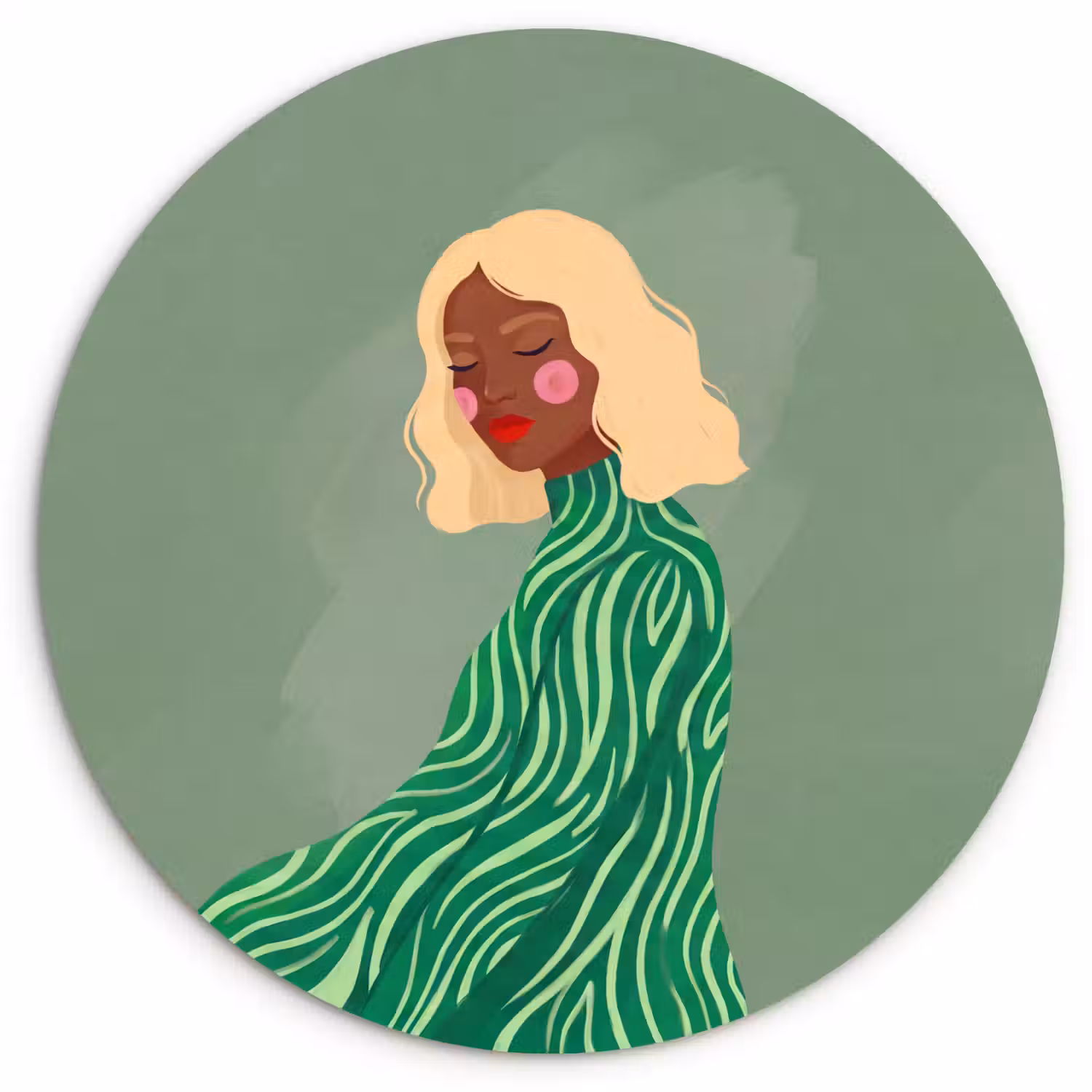 Vrouw - Portret - Illustratie - Modern - Groen Wandcirkel kunststof plaat 5mm dik klein -3d