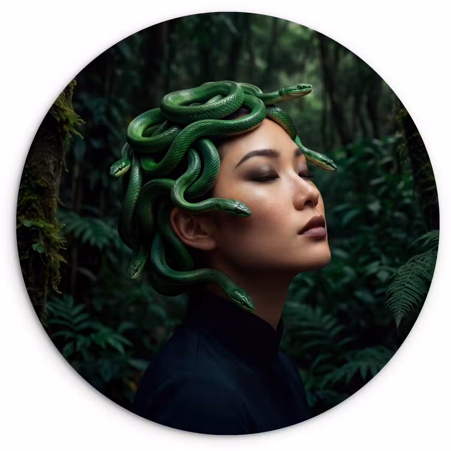 Vrouw - Slang - Natuur - Mystiek - Groen Wandcirkel kunststof plaat 5mm dik klein -3d