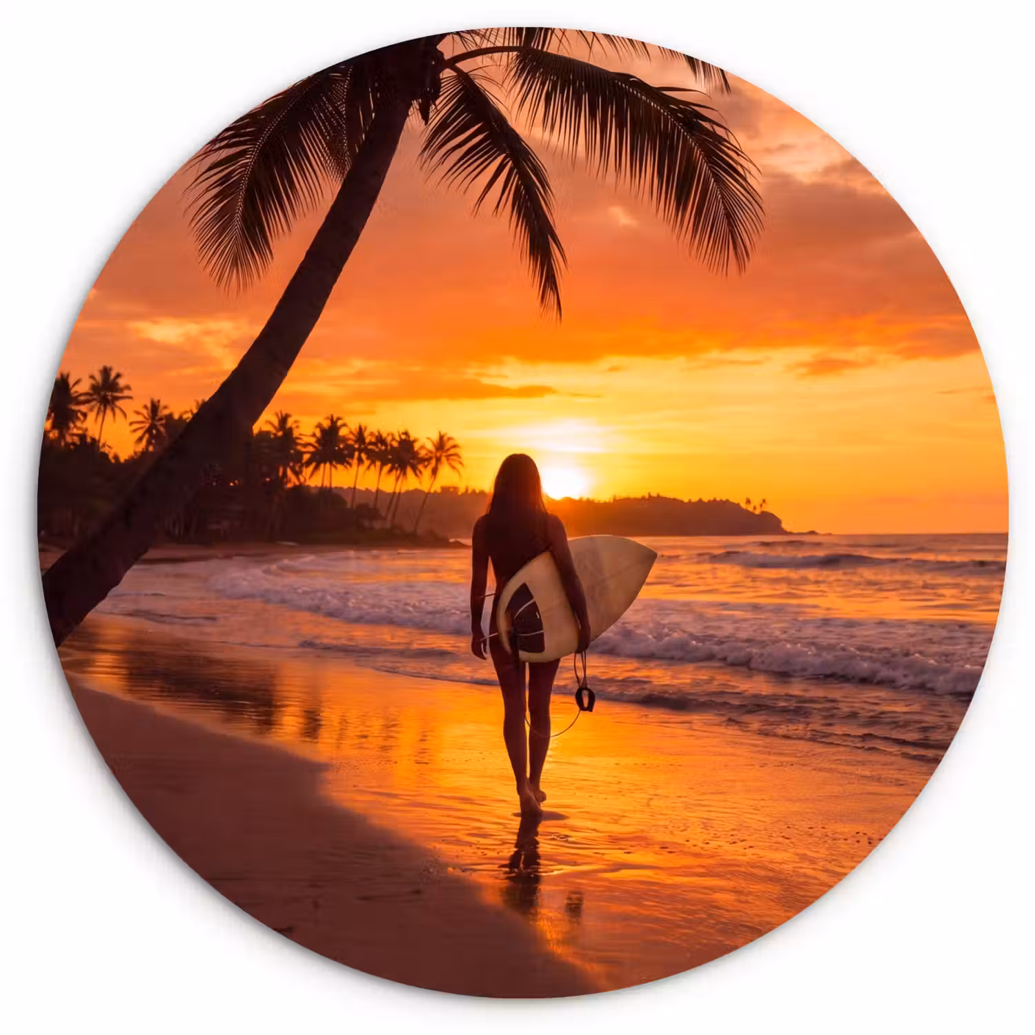 Vrouw - Surfplank - Strand - Zonsondergang - Oranje Wandcirkel kunststof plaat 5mm dik klein -3d