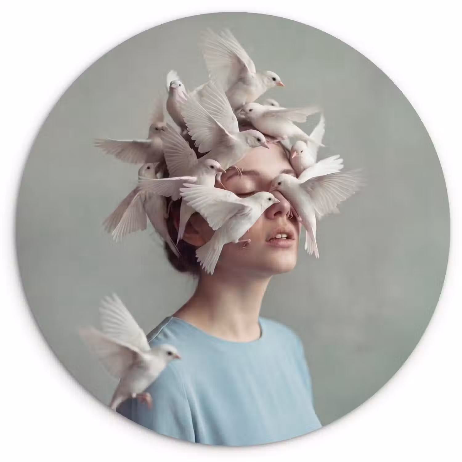 Vrouw - Vogels - Abstract - Modern - Wit Wandcirkel kunststof plaat 5mm dik klein -3d