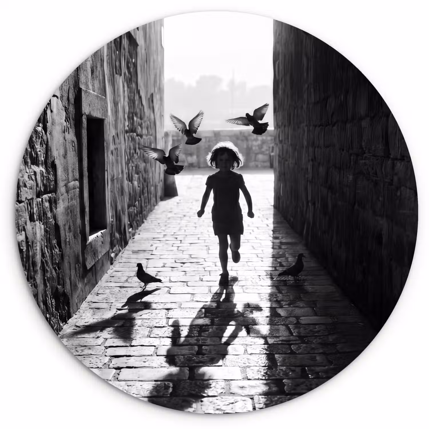 Kind - Vogel - Straat - Zwart-wit - Spelen Wandcirkel kunststof plaat 5mm dik klein -3d