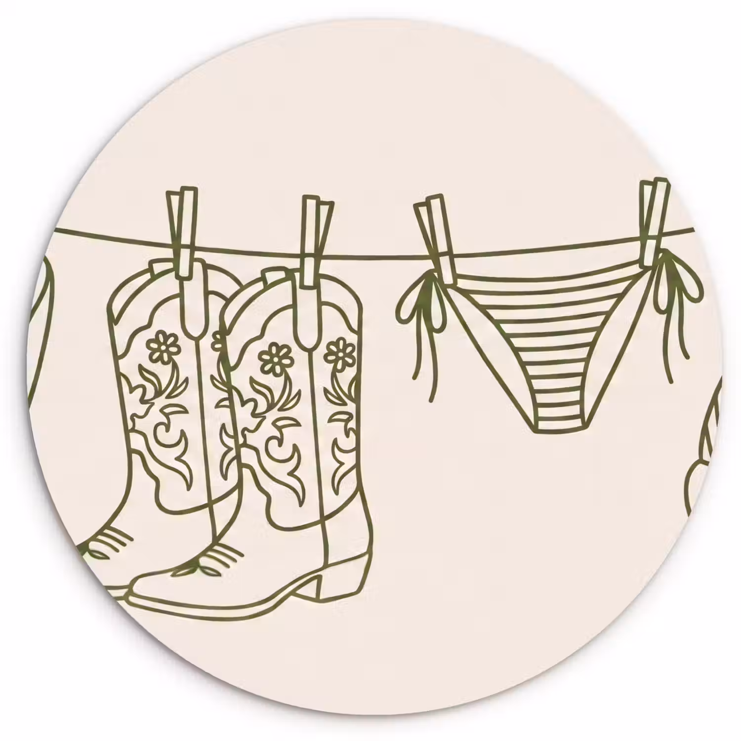 Kleding - Waslijn - Zomer - Lijntekening - Groen Wandcirkel kunststof plaat 5mm dik klein -3d