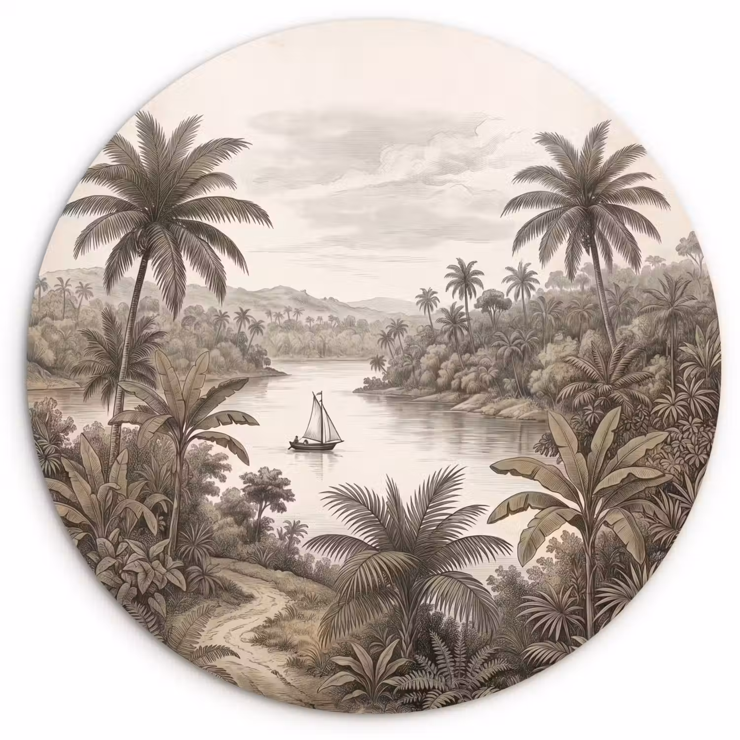 Landschap - Rivier - Boot - Tropisch - Vintage Wandcirkel kunststof plaat 5mm dik klein -3d