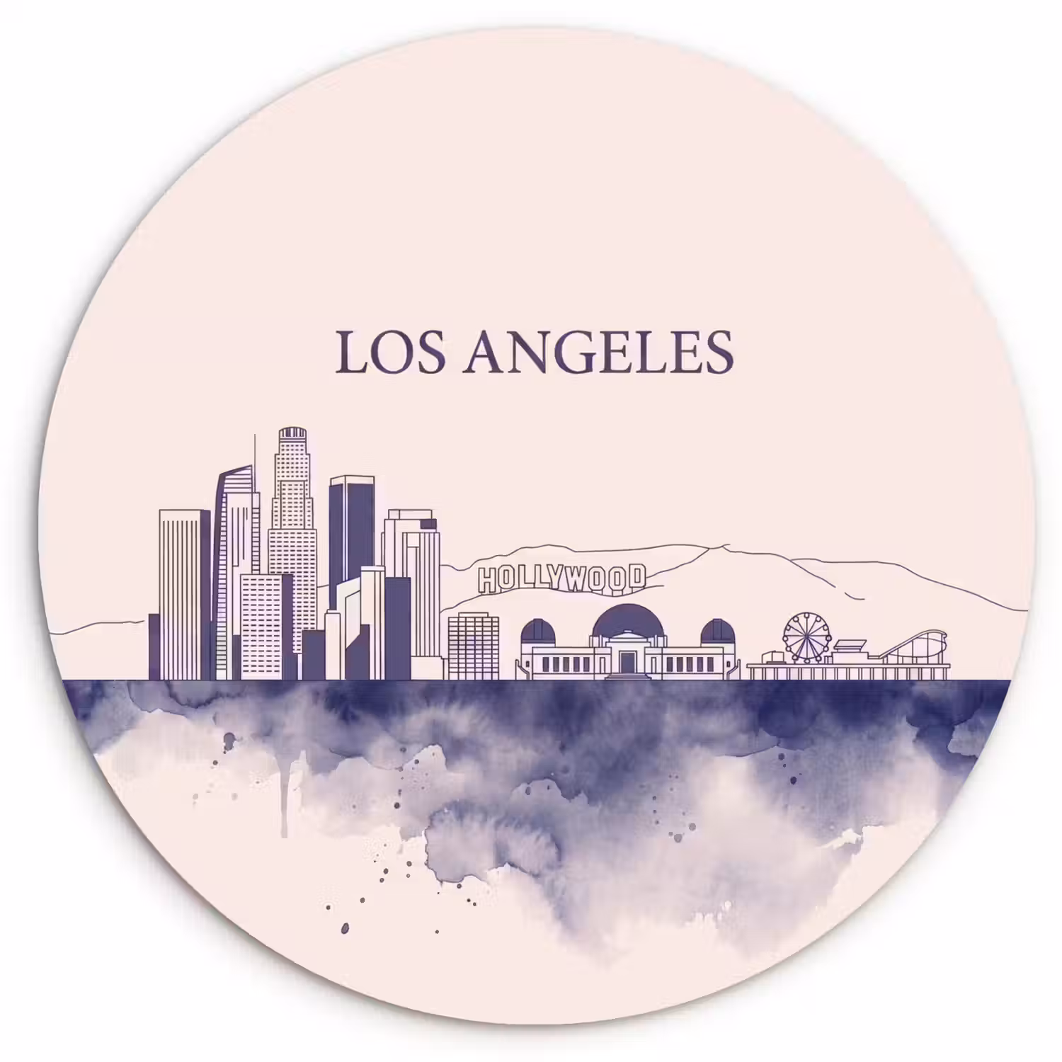 Los Angeles - Skyline - Architectuur - Aquarel - Blauw Wandcirkel kunststof plaat 5mm dik klein -3d