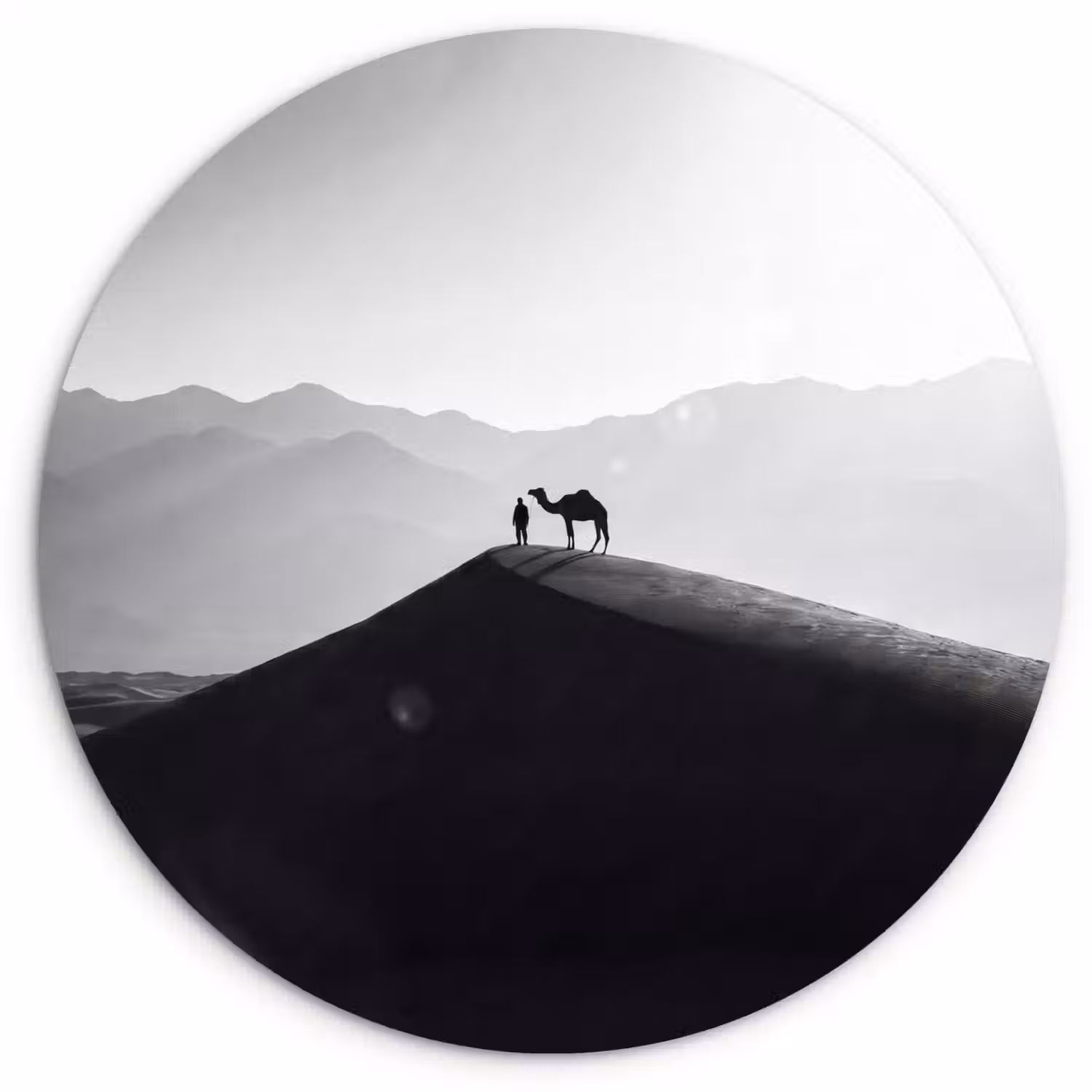 Mens - Kameel - Zandduin - Natuur - Monochroom Wandcirkel kunststof plaat 5mm dik klein -3d