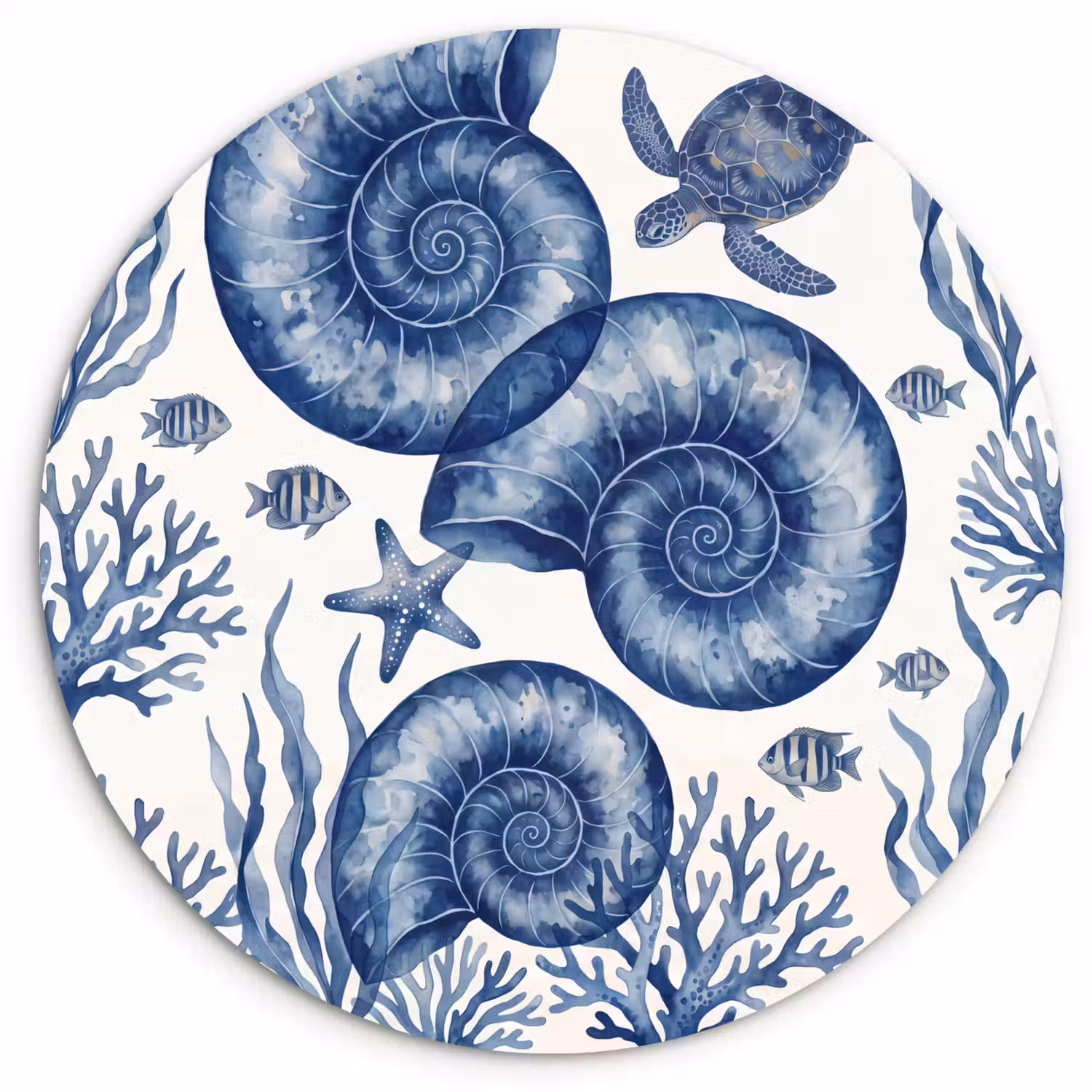 Schelp - Spiraal - Zeeleven - Aquarel - Blauw Wandcirkel kunststof plaat 5mm dik klein -3d