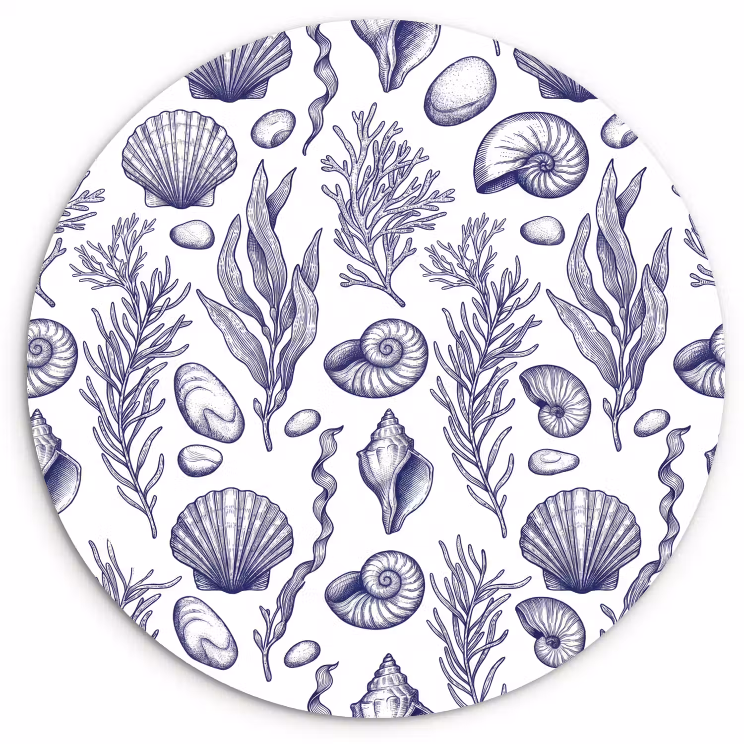 Schelpen - Zeewier - Oceaan - Illustratie - Blauw Wandcirkel kunststof plaat 5mm dik klein -3d