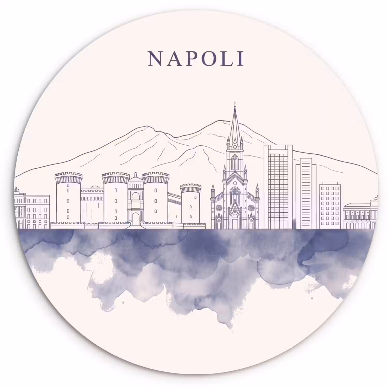 Napels - Skyline - Italie - Lijntekening - Aquarel Wandcirkel kunststof plaat 5mm dik klein -3d