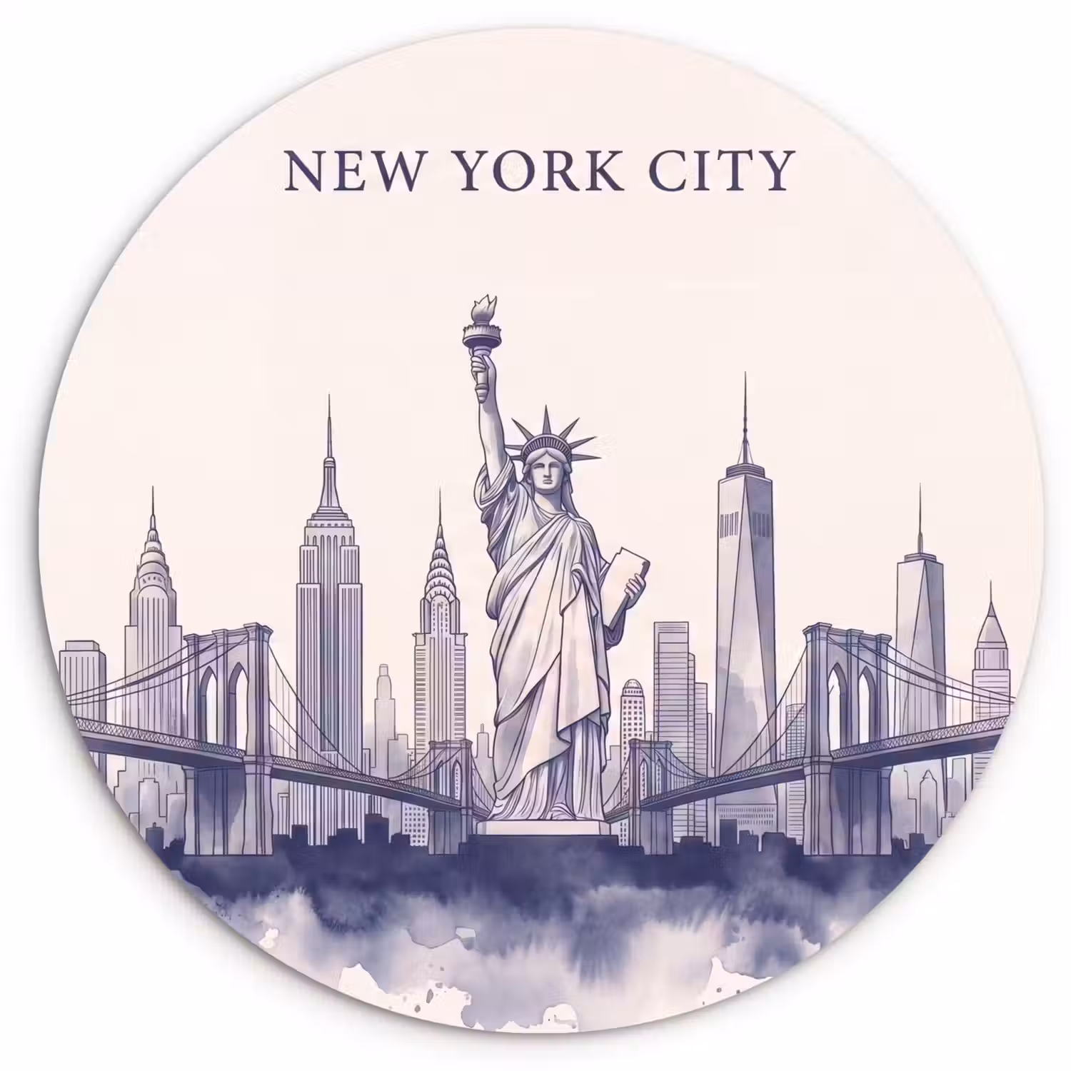 New York - Vrijheidsbeeld - Skyline - Illustratie - Blauw Wandcirkel kunststof plaat 5mm dik klein -3d