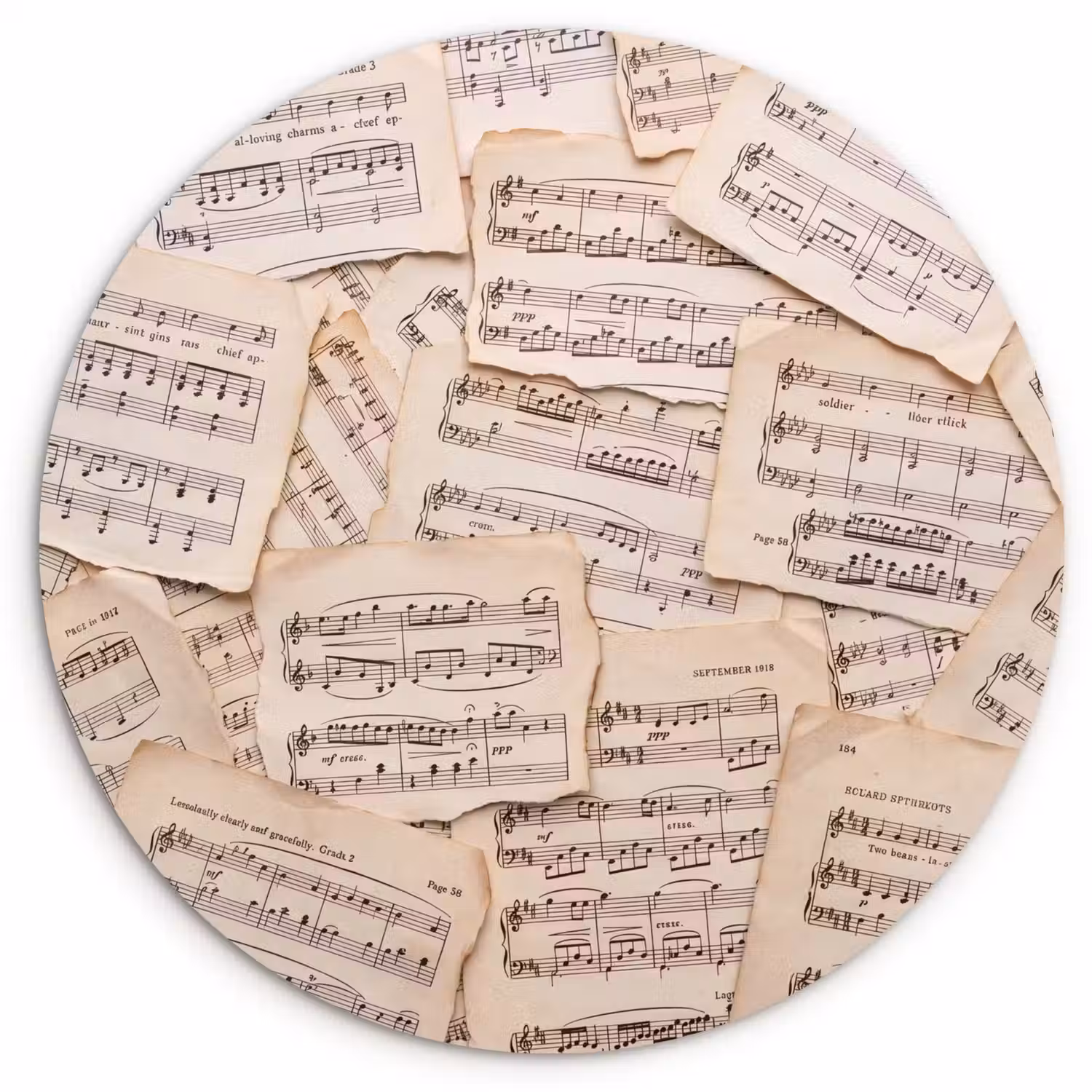 Bladmuziek - Oud - Noten - Vintage - Beige Wandcirkel kunststof plaat 5mm dik klein -3d