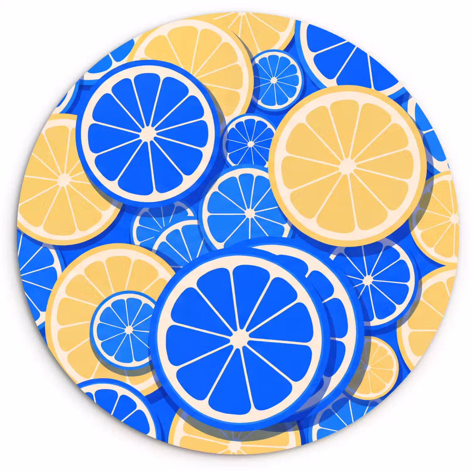 Fruit - Schijven - Patroon - Modern - Blauw - Geel Wandcirkel kunststof plaat 5mm dik klein -3d