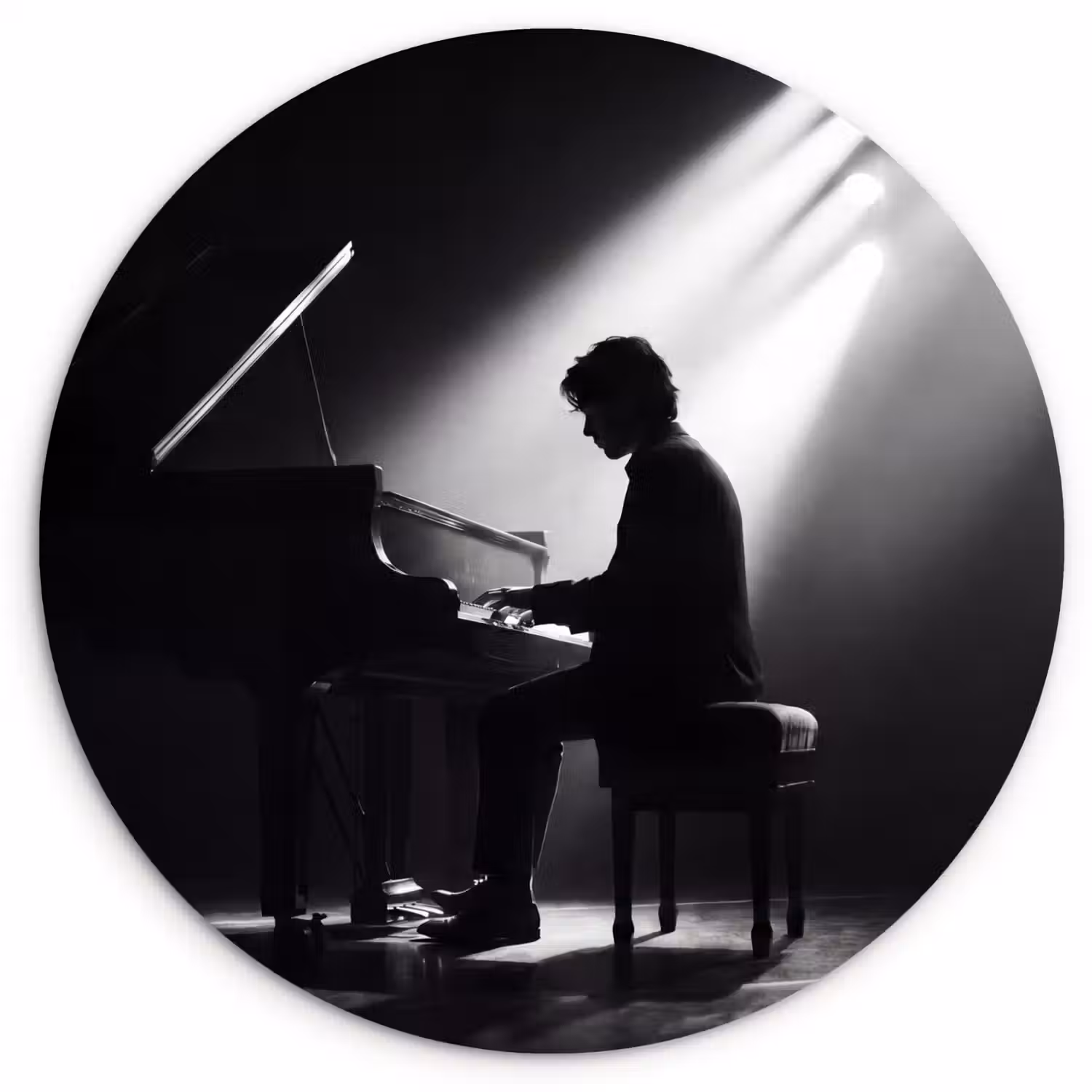 Persoon - Piano - Muziek - Zwart-wit - Podium Wandcirkel kunststof plaat 5mm dik klein -3d