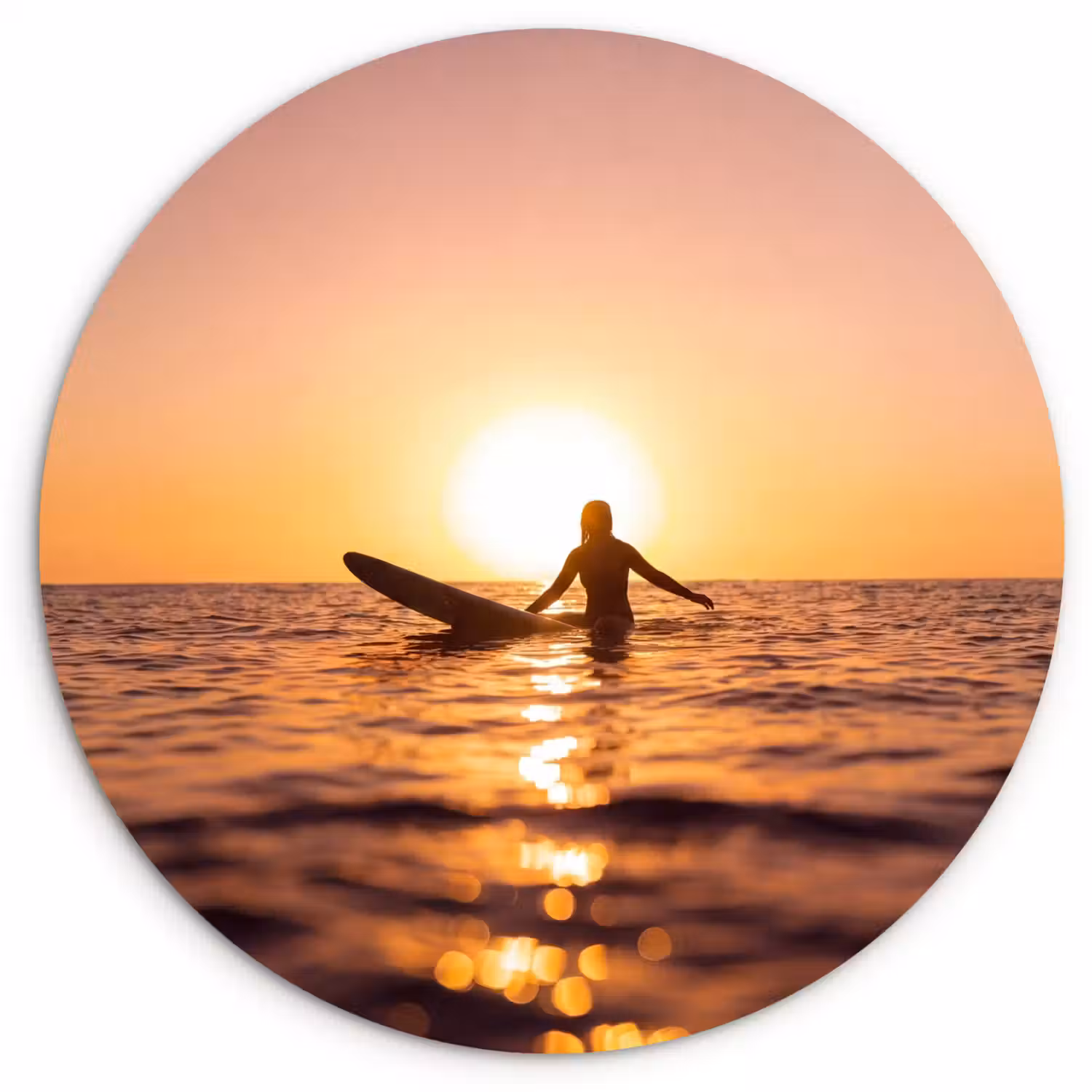 Persoon - Surfen - Zonsondergang - Zee - Oranje Wandcirkel kunststof plaat 5mm dik klein -3d