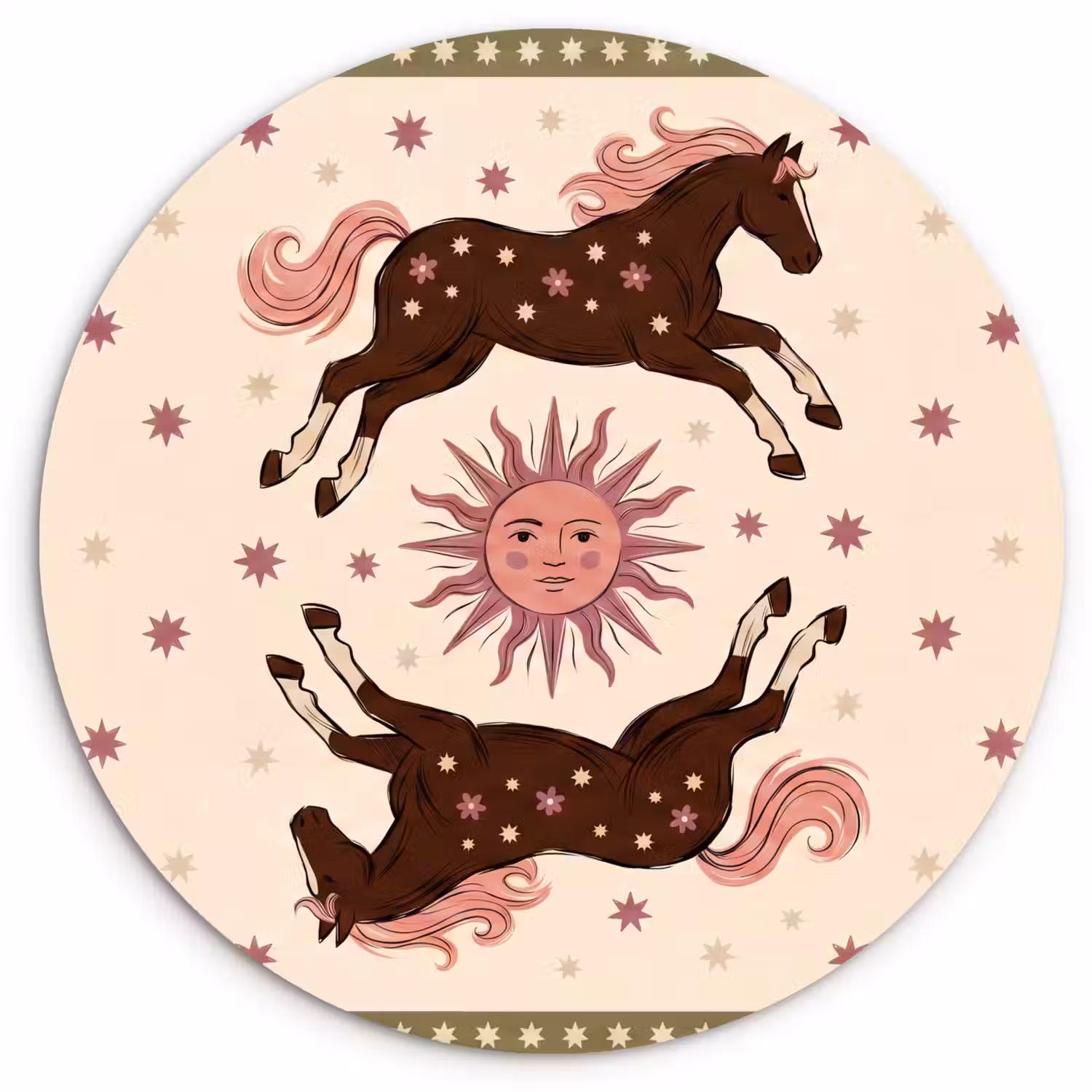 Paard - Zon - Mystiek - Illustratie - Roze Wandcirkel kunststof plaat 5mm dik klein -3d
