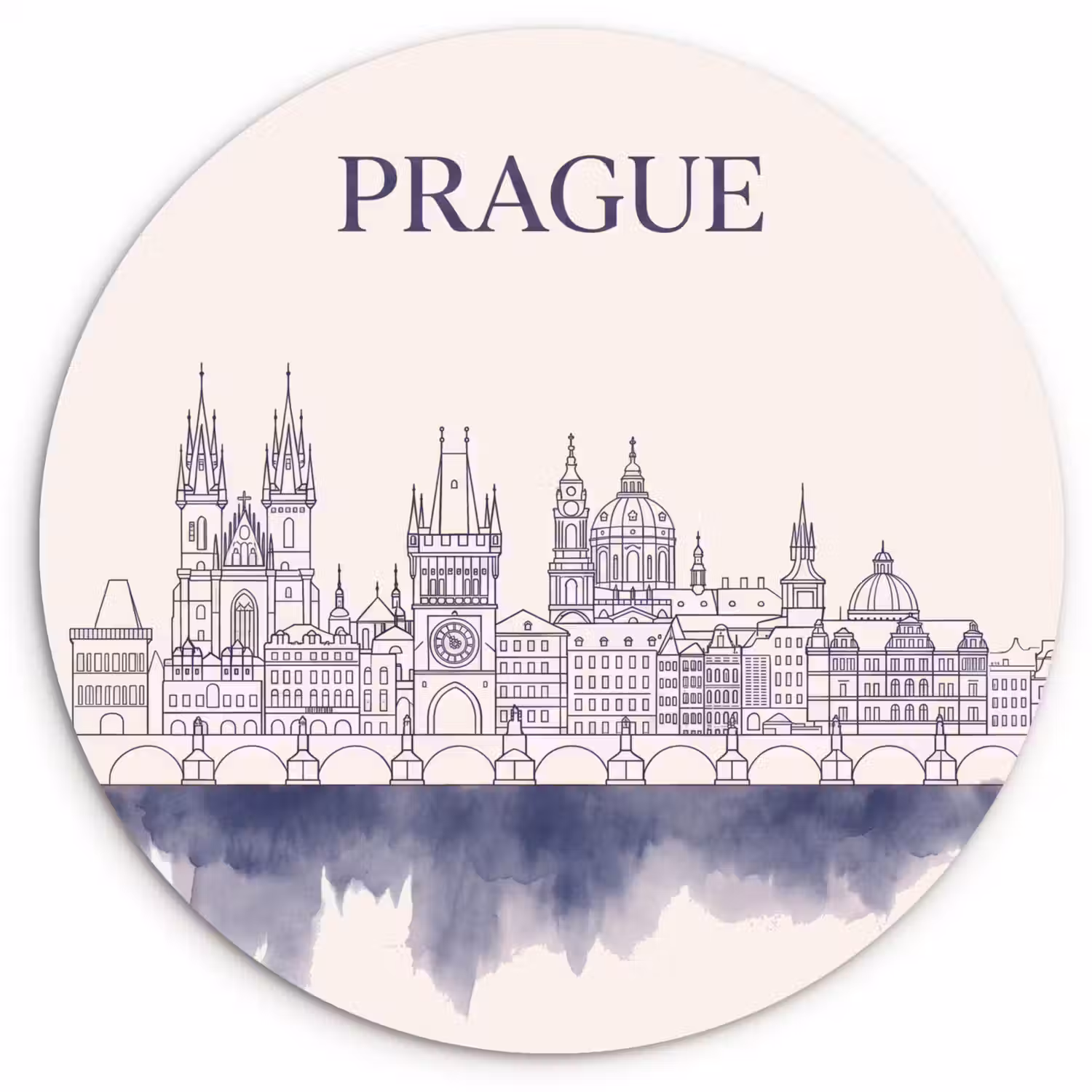Praag - Skyline - Architectuur - Blauw Wandcirkel kunststof plaat 5mm dik klein -3d