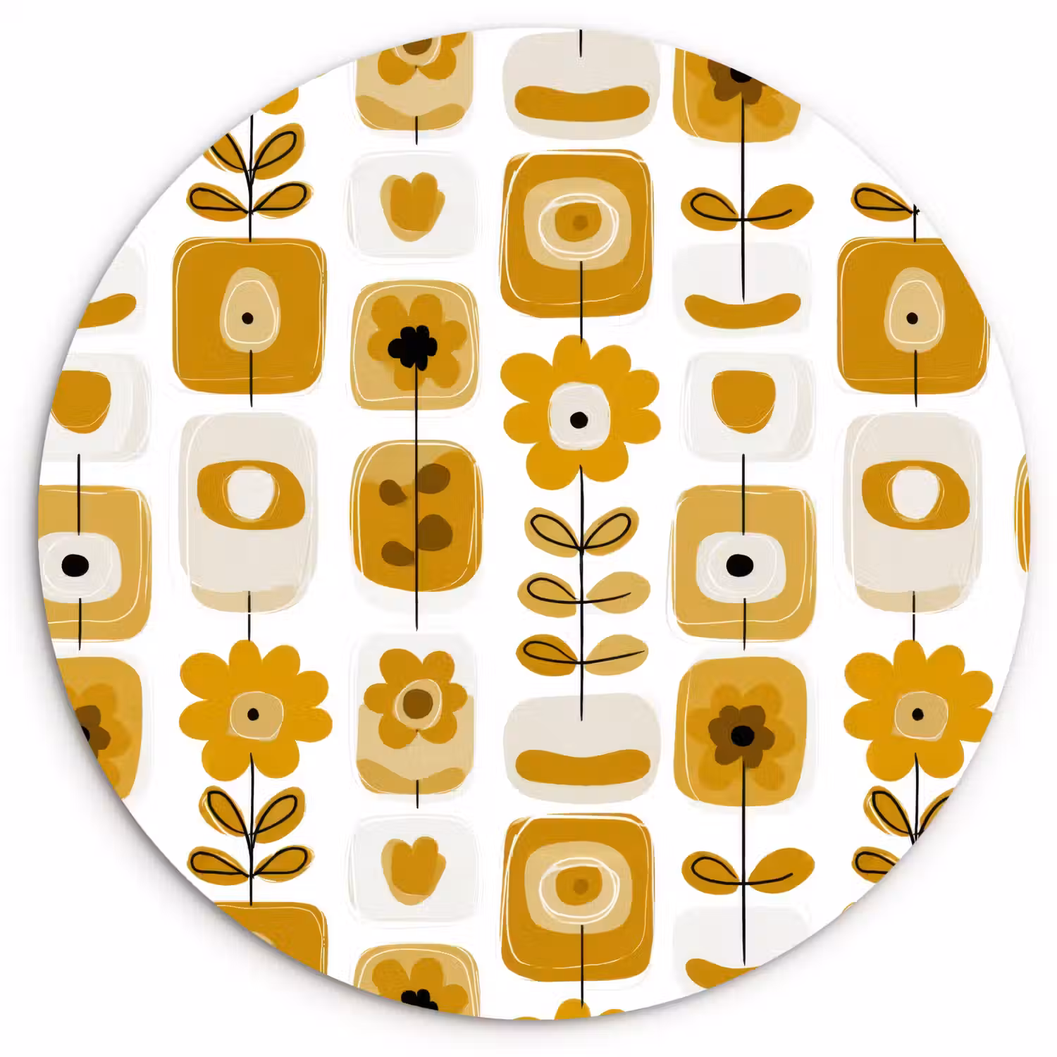 Retro - Abstract - Bloemen - Okergeel Wandcirkel kunststof plaat 5mm dik klein 188 -3d