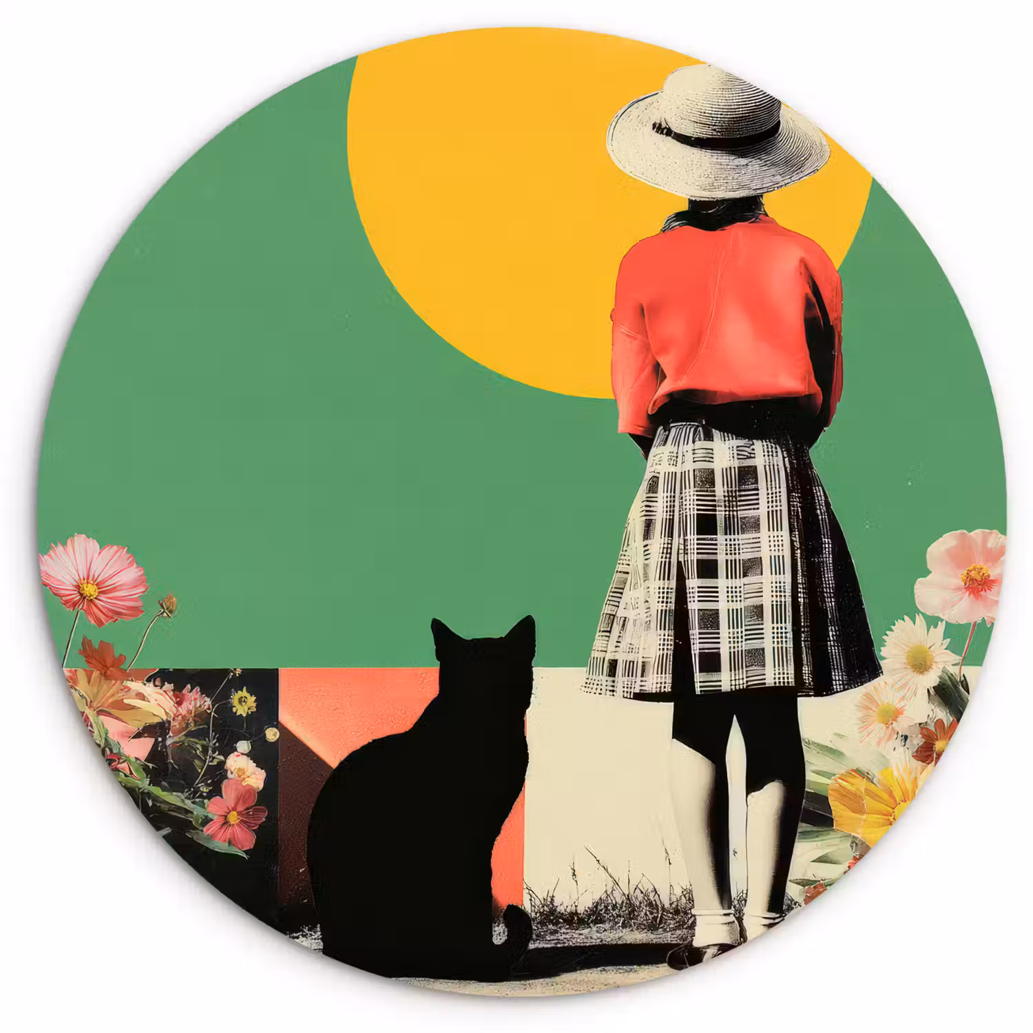Retro - Meisje - Kat - Zon Wandcirkel kunststof plaat 5mm dik klein -3d