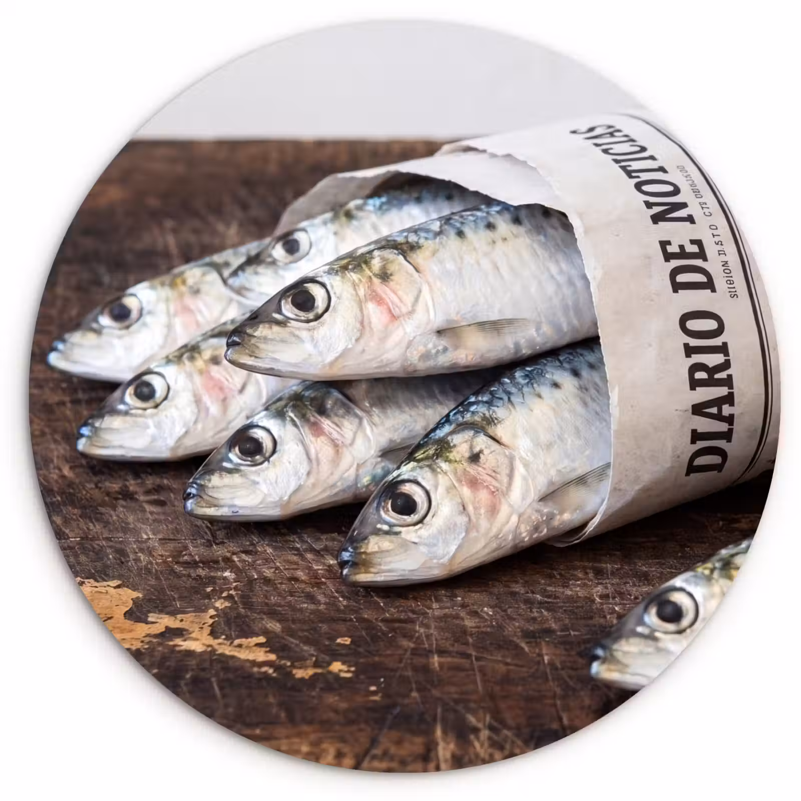 Forexbild Rund - Sardine – Zeitung – Schneidebrett - Sardientje - krant - snijplank Wandcirkel kunststof plaat 5mm dik klein