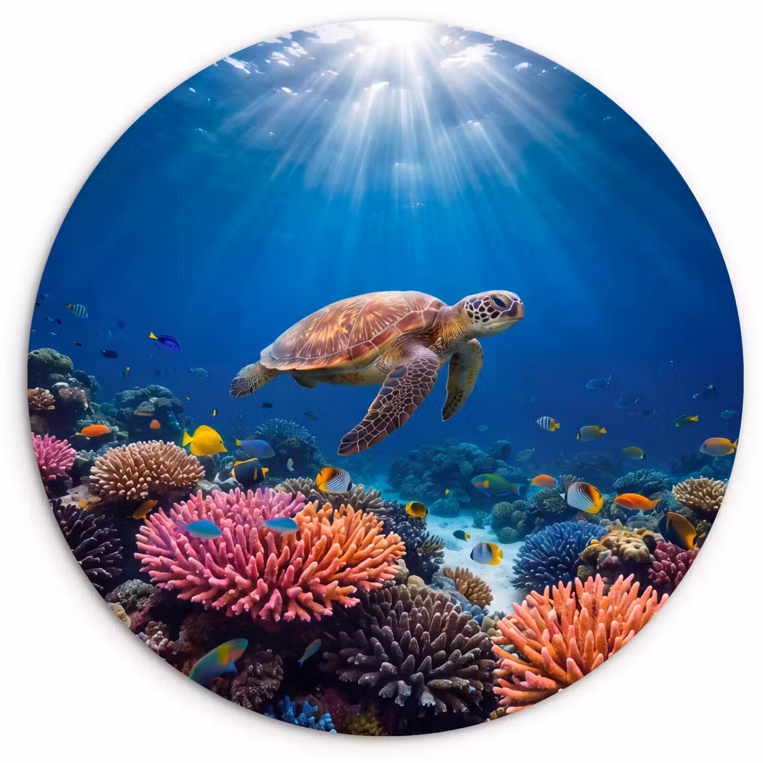 Schildpad - Koraalrif - Oceaan - Dieren - Blauw Wandcirkel kunststof plaat 5mm dik klein -3d