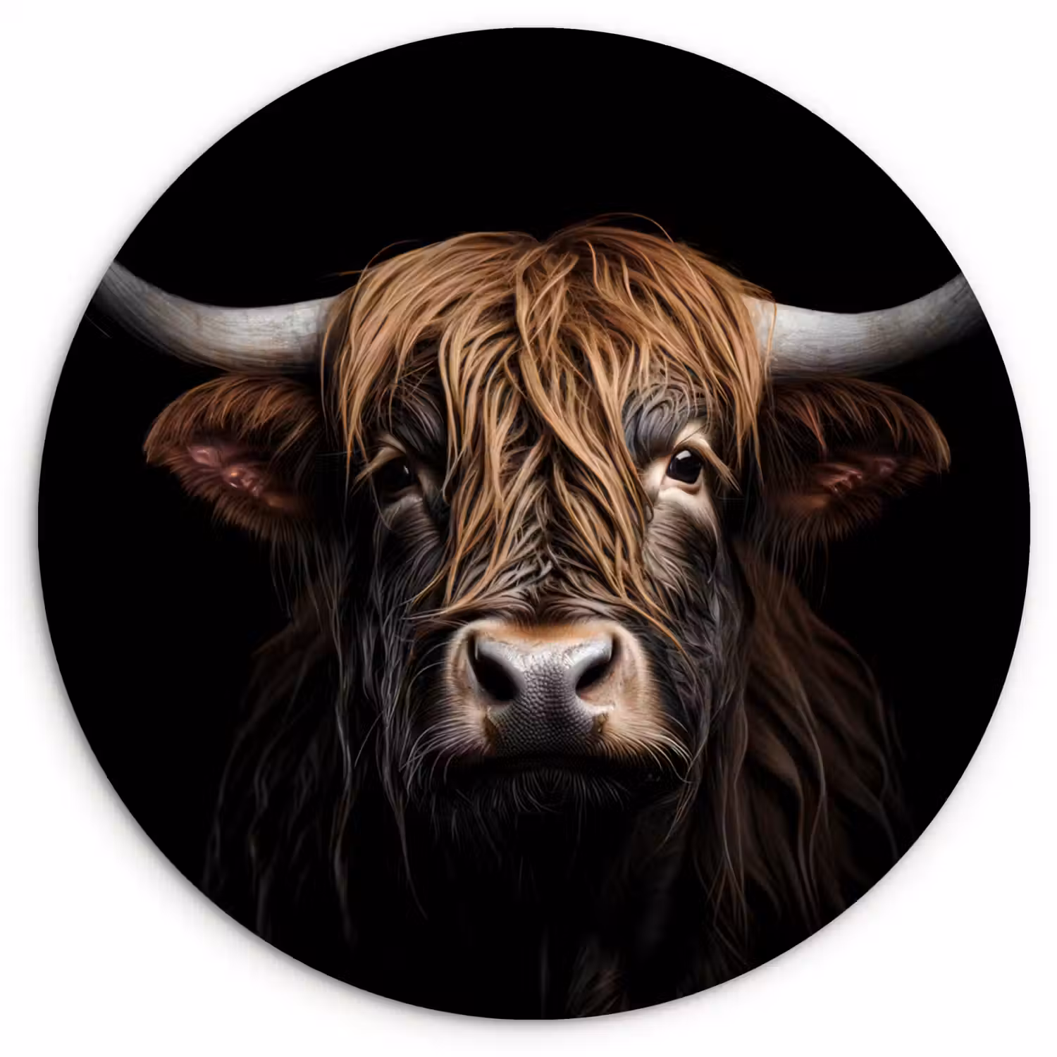Schotse hooglander - Portret - Zwart - Dier Wandcirkel kunststof plaat 5mm dik klein -3d