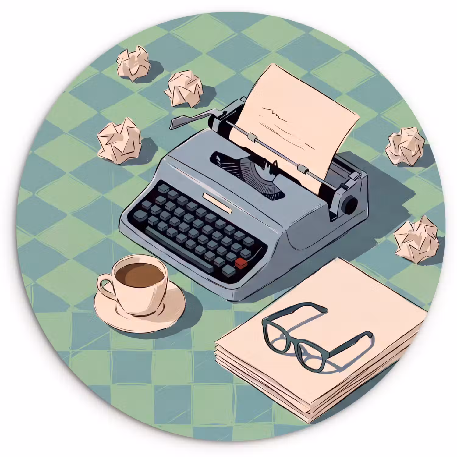 Typemachine - Kantoor - Vintage - Illustratie - Groen Wandcirkel kunststof plaat 5mm dik klein -3d