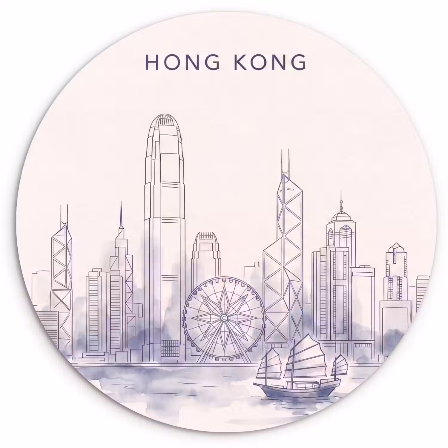Stad - Skyline - Water - Lijntekening - Blauw Wandcirkel kunststof plaat 5mm dik klein -3d