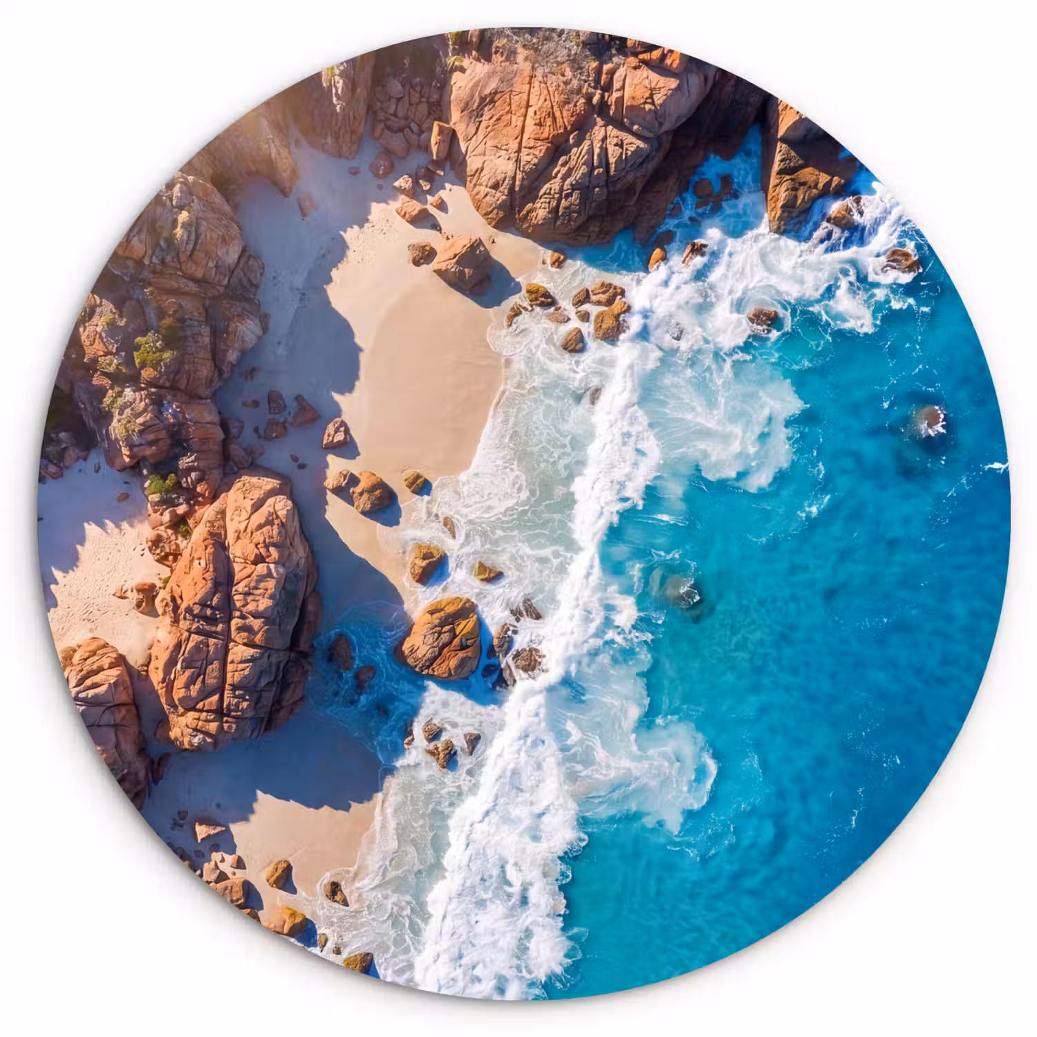 Strand - Zee - Rotsen - Natuur - Blauw Wandcirkel kunststof plaat 5mm dik klein -3d