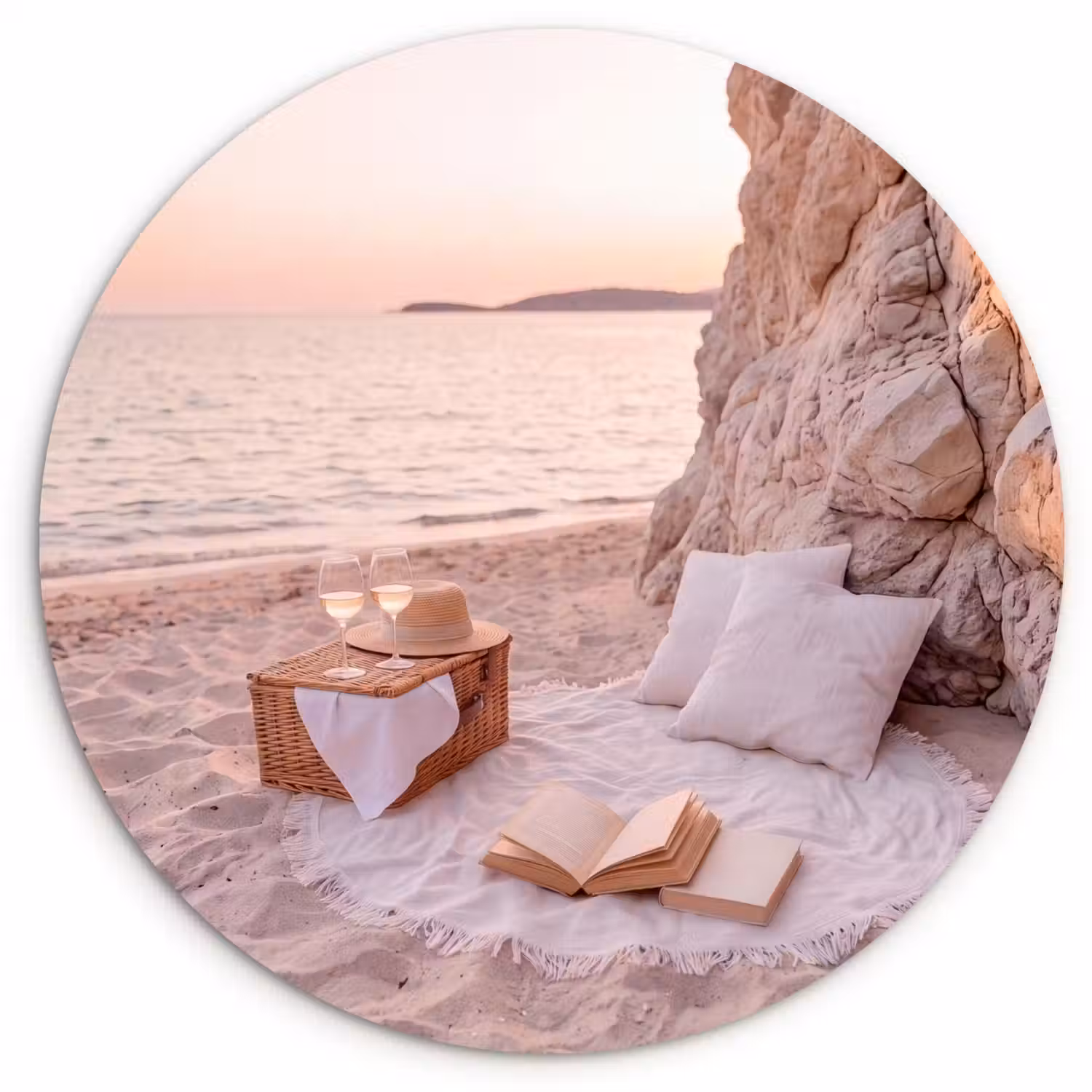 Strand - Picknick - Zonsondergang - Zomer - Natuur Wandcirkel kunststof plaat 5mm dik klein -3d