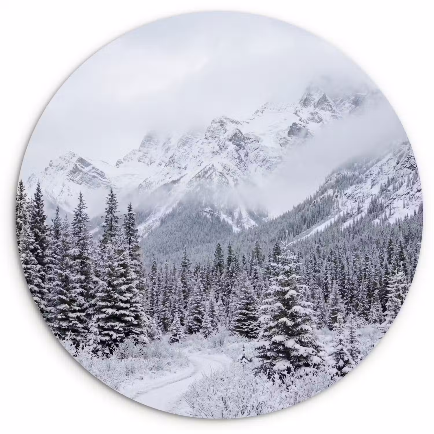 Weg - Bergen - Sneeuw - Naaldbos - Avontuurlijk Wandcirkel kunststof plaat 5mm dik klein -3d