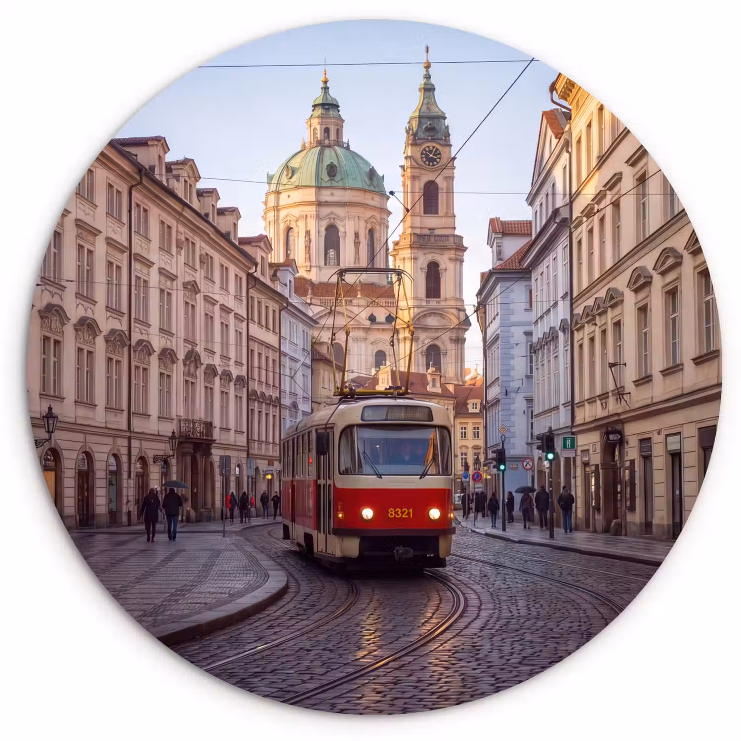 Tram - Straat - Stadsgezicht - Klassiek - Rood Wandcirkel kunststof plaat 5mm dik klein -3d
