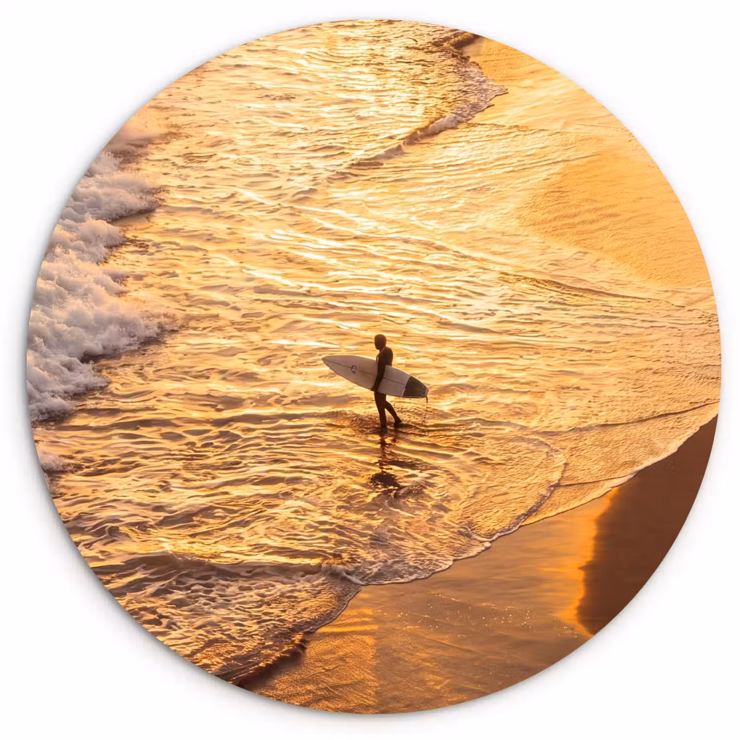 Surfer - Strand - Zonsondergang - Oceaan - Goud Wandcirkel kunststof plaat 5mm dik klein -3d