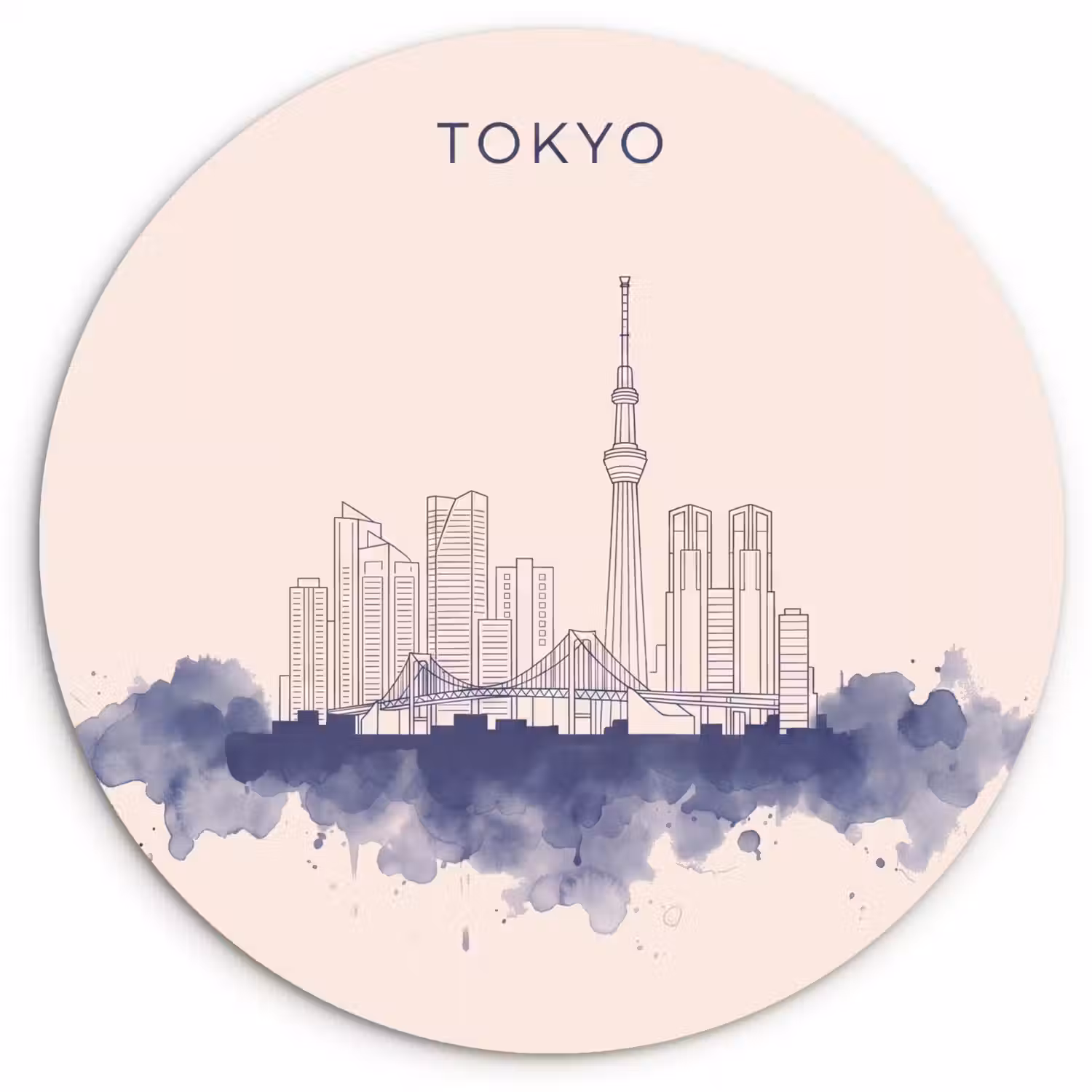 Tokyo - Skyline - Stad - Abstract - Blauw Wandcirkel kunststof plaat 5mm dik klein -3d