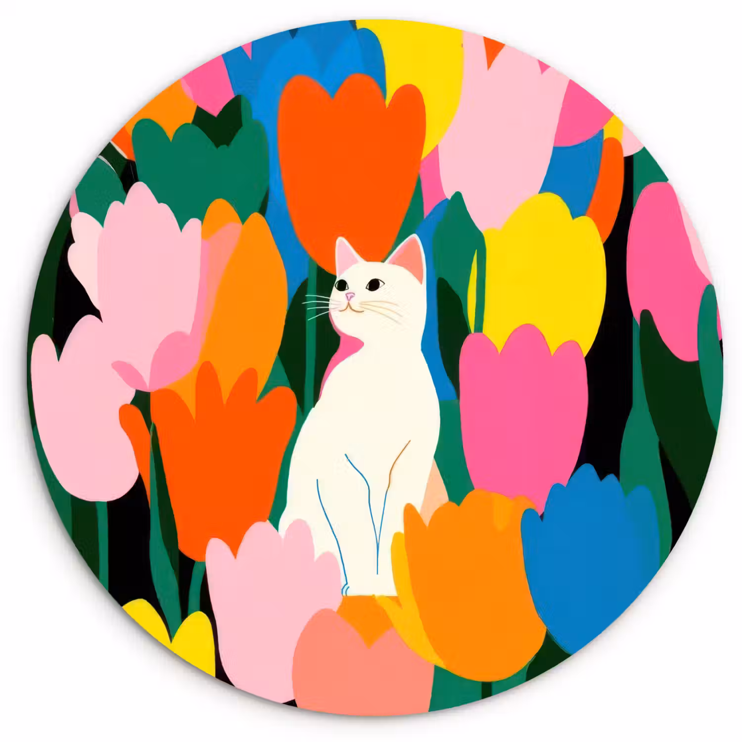 Tulpen - Kat - Kleurrijk Wandcirkel kunststof plaat 5mm dik klein -3d