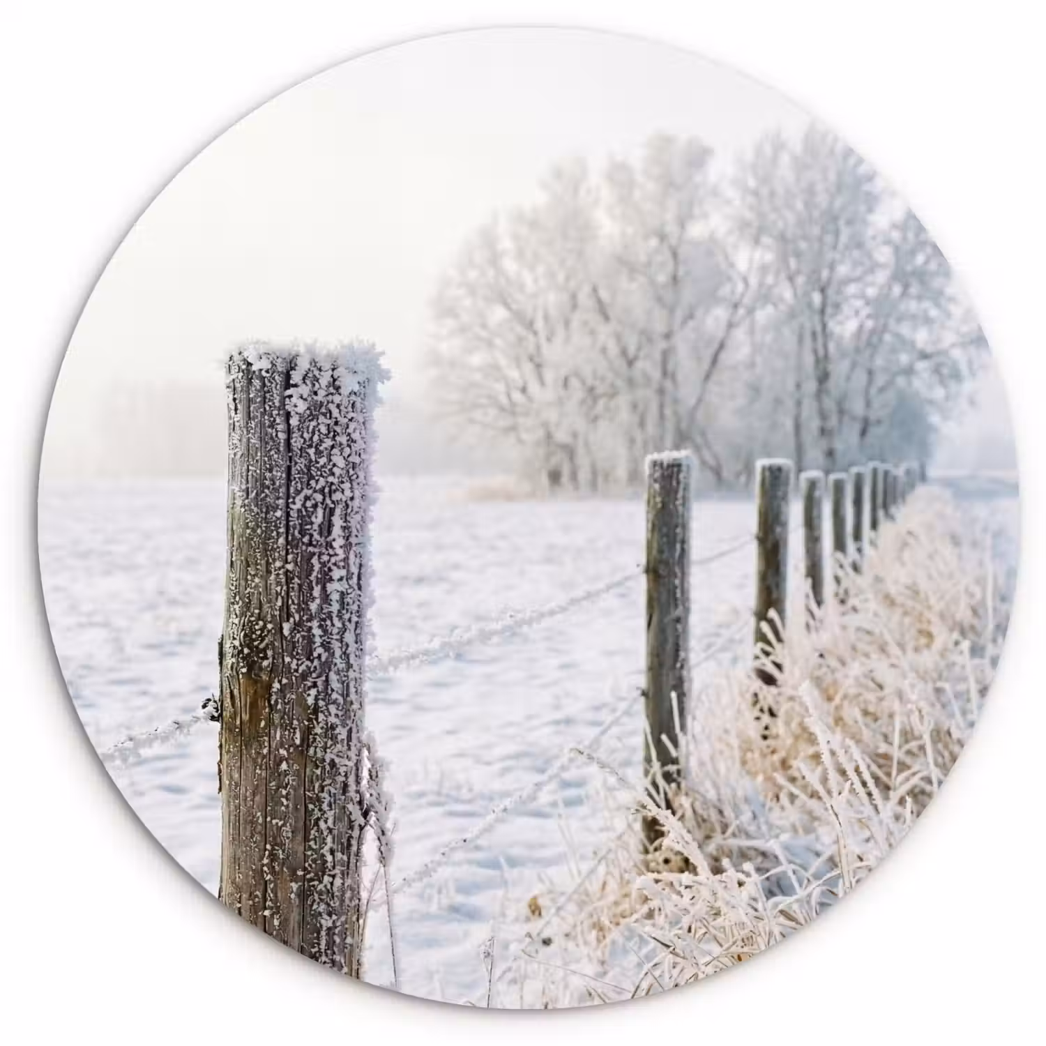 Hek - Sneeuw - Mist - Platteland - Nostalgisch Wandcirkel kunststof plaat 5mm dik klein -3d