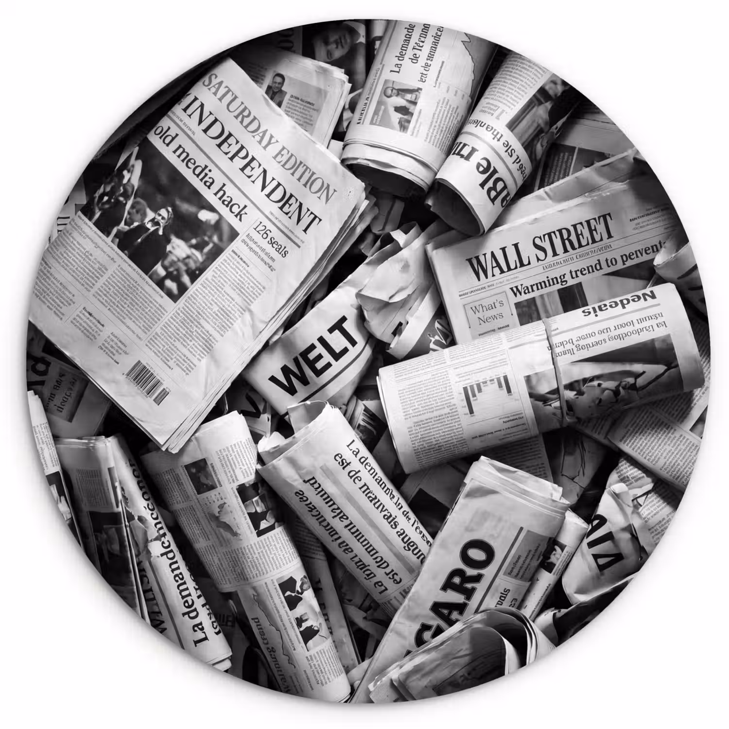 Krant - Stapel - Nieuws - Zwart-wit Wandcirkel kunststof plaat 5mm dik klein -3d