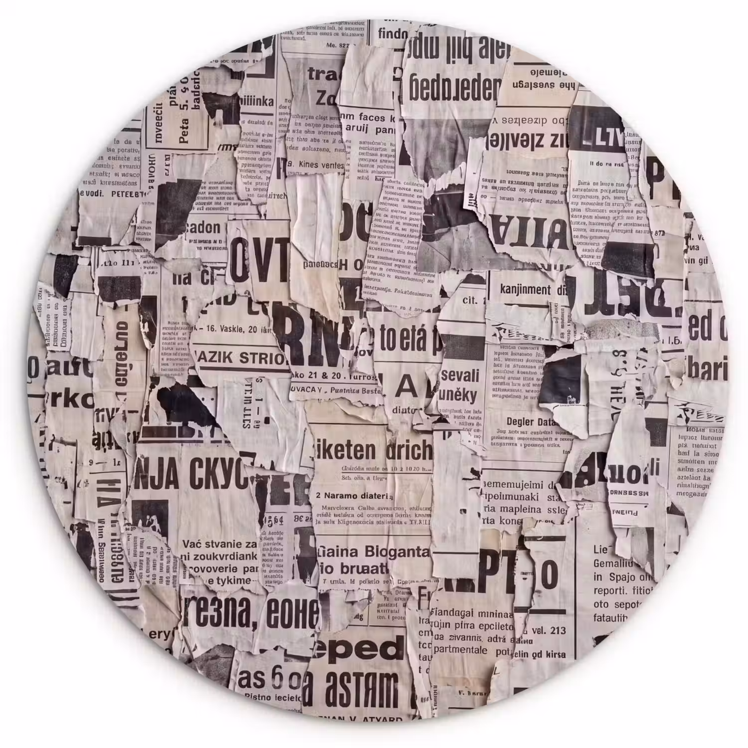 Krant - Gescheurd - Textuur - Abstract - Zwart-wit Wandcirkel kunststof plaat 5mm dik klein -3d