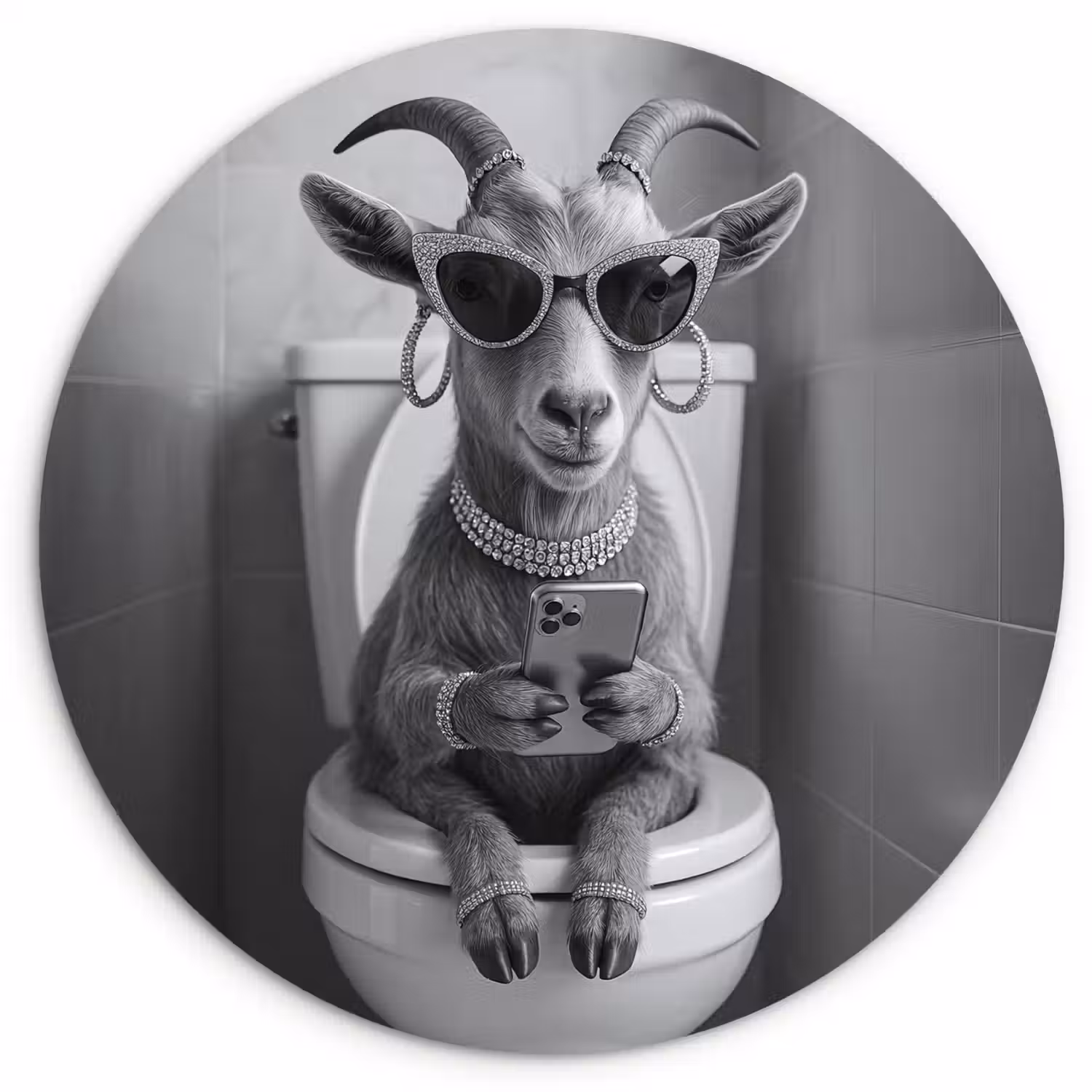 Geit - Telefoon - Toilet - Zwart - Wit Wandcirkel kunststof plaat 5mm dik klein -3d