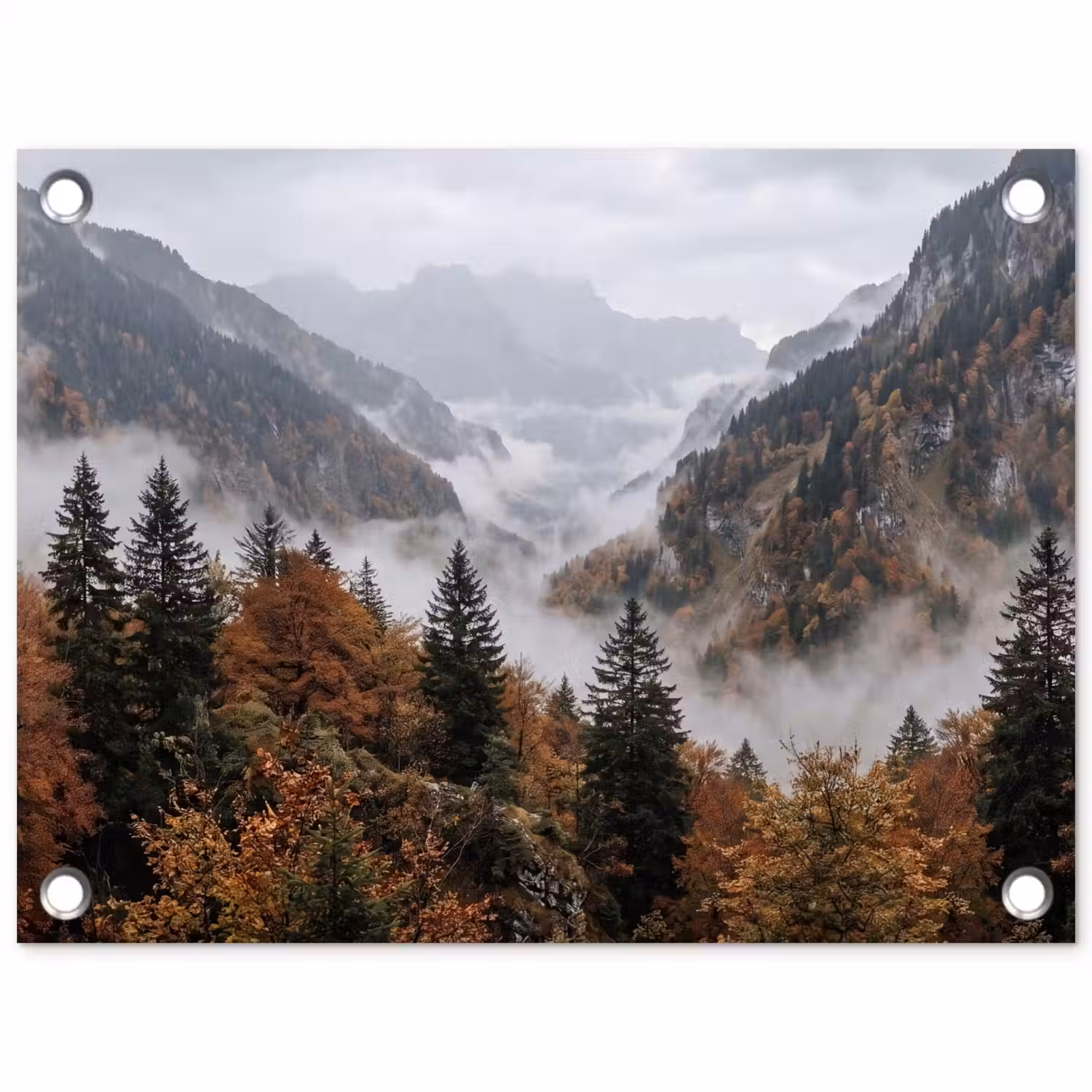 Bergen - Vallei - Mist - Herfst - Natuur tuinposter los doek klein -3d