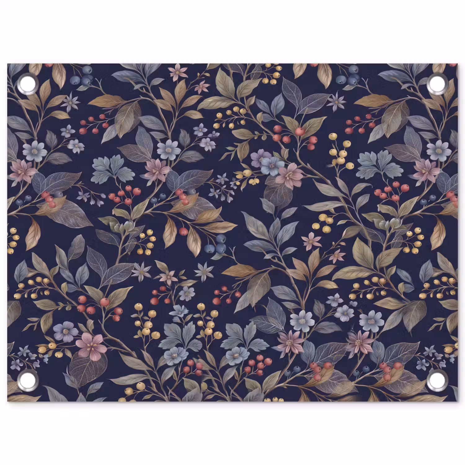 Bloemen - Bladeren - Patroon - Botanisch - Donkerblauw tuinposter los doek klein -3d