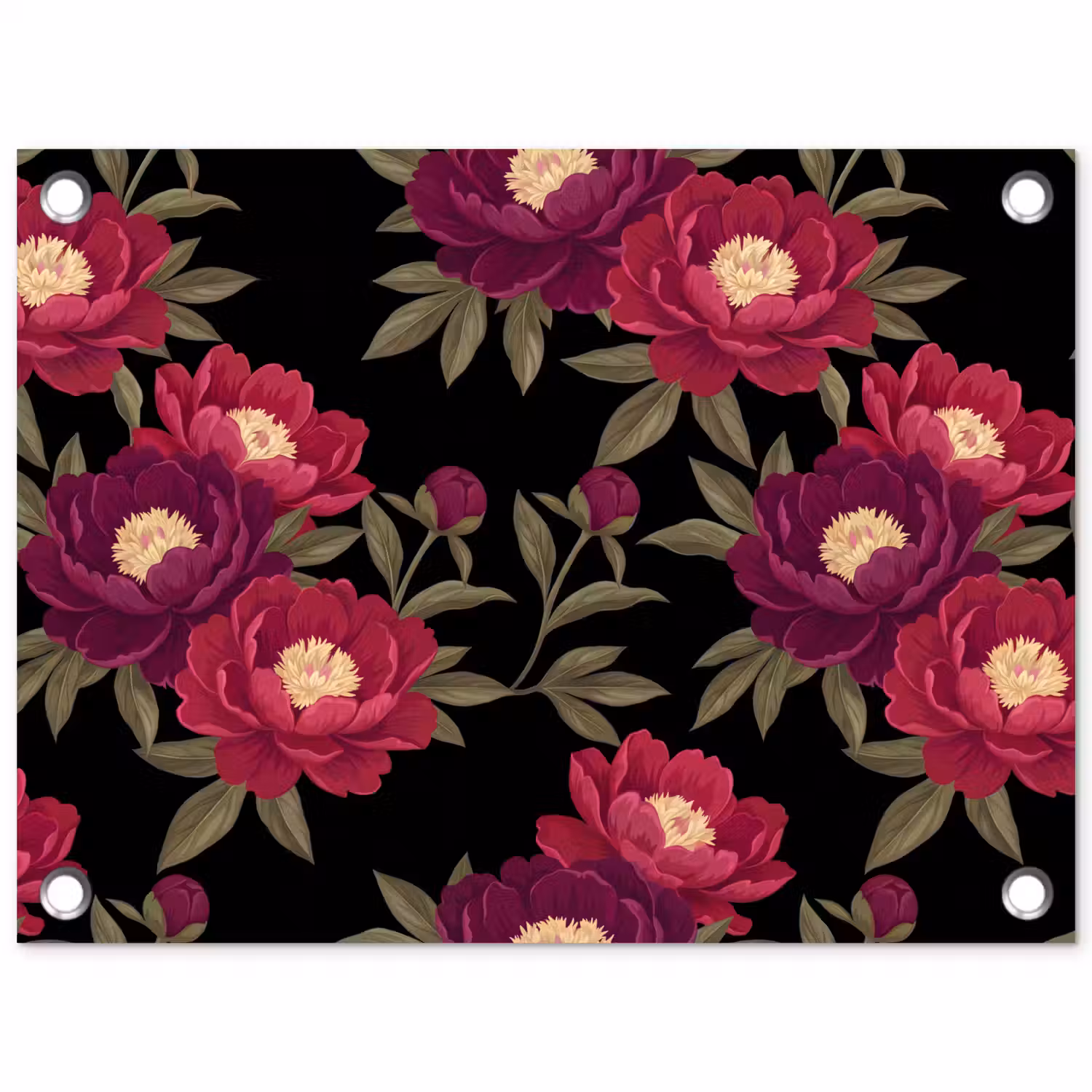 Bloemen - Patroon - Botanisch - Rood - Zwart tuinposter los doek klein -3d