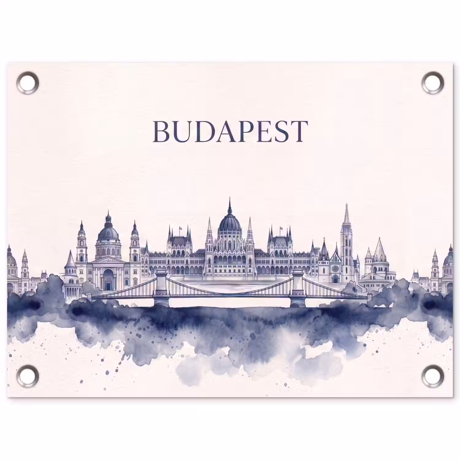 Boedapest - Skyline - Architectuur - Aquarel - Blauw tuinposter los doek klein -3d