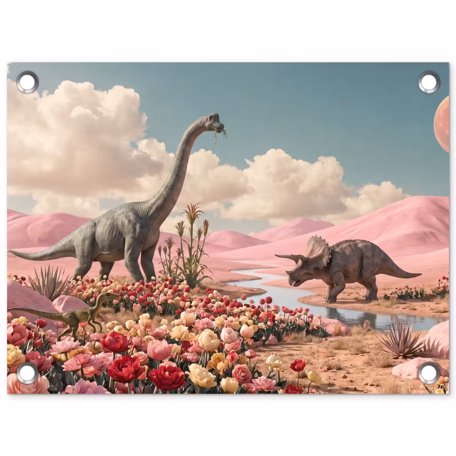 Gartenposter - Dinosaurier – Rosa – Landschaft - Dinosaurus - Roze - Landschap tuinposter los doek klein