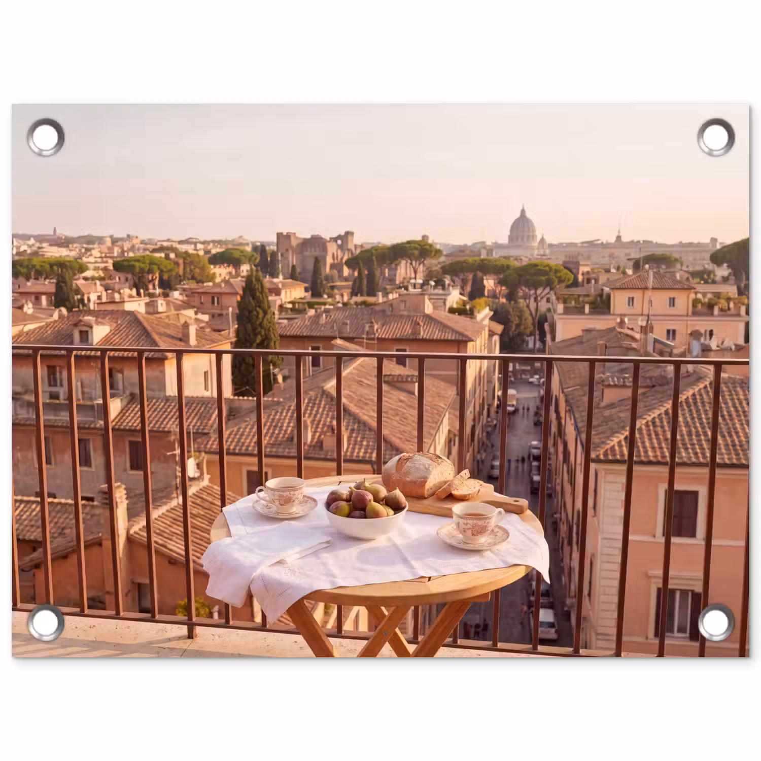 Eten - Ontbijt - Balkon - Stad - Zonsopgang tuinposter los doek klein -3d