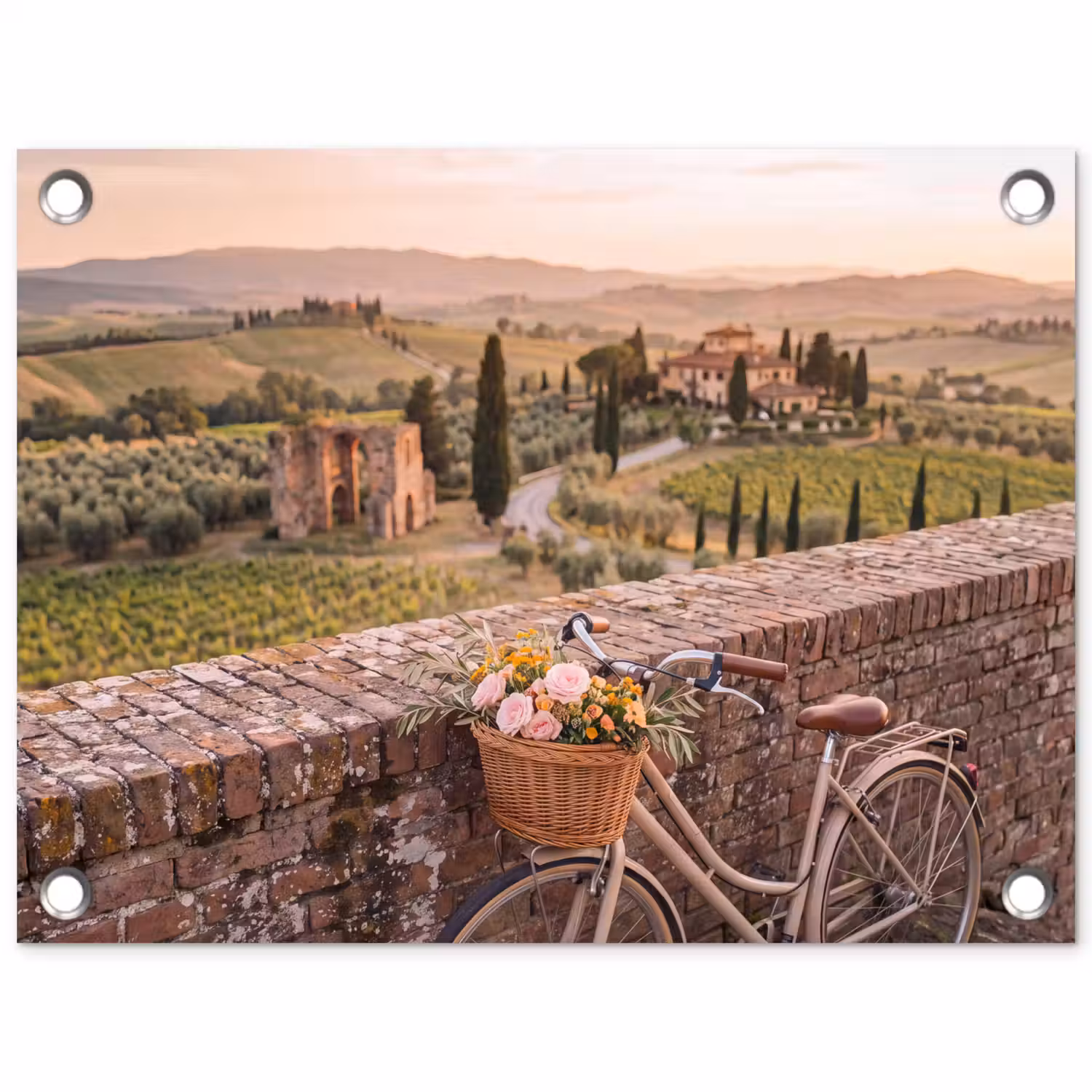 Fiets - Bloemen - Toscane - Landschap - Roze tuinposter los doek klein -3d