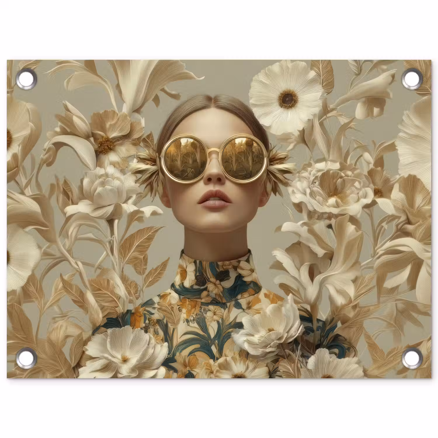 Vrouw - Bloemen - Zonnebril - Wit tuinposter los doek klein -3d