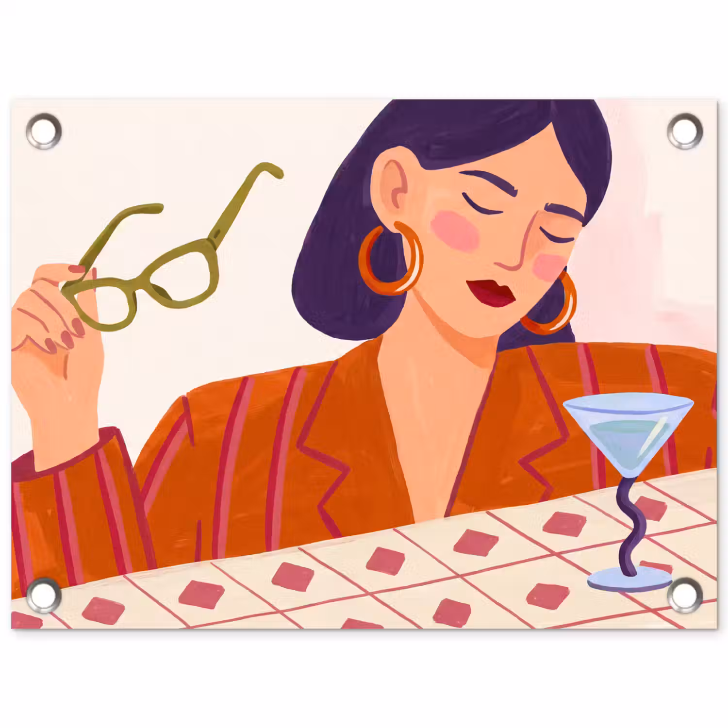Vrouw - Bril - Cocktail - Illustratie - Modern tuinposter los doek klein -3d