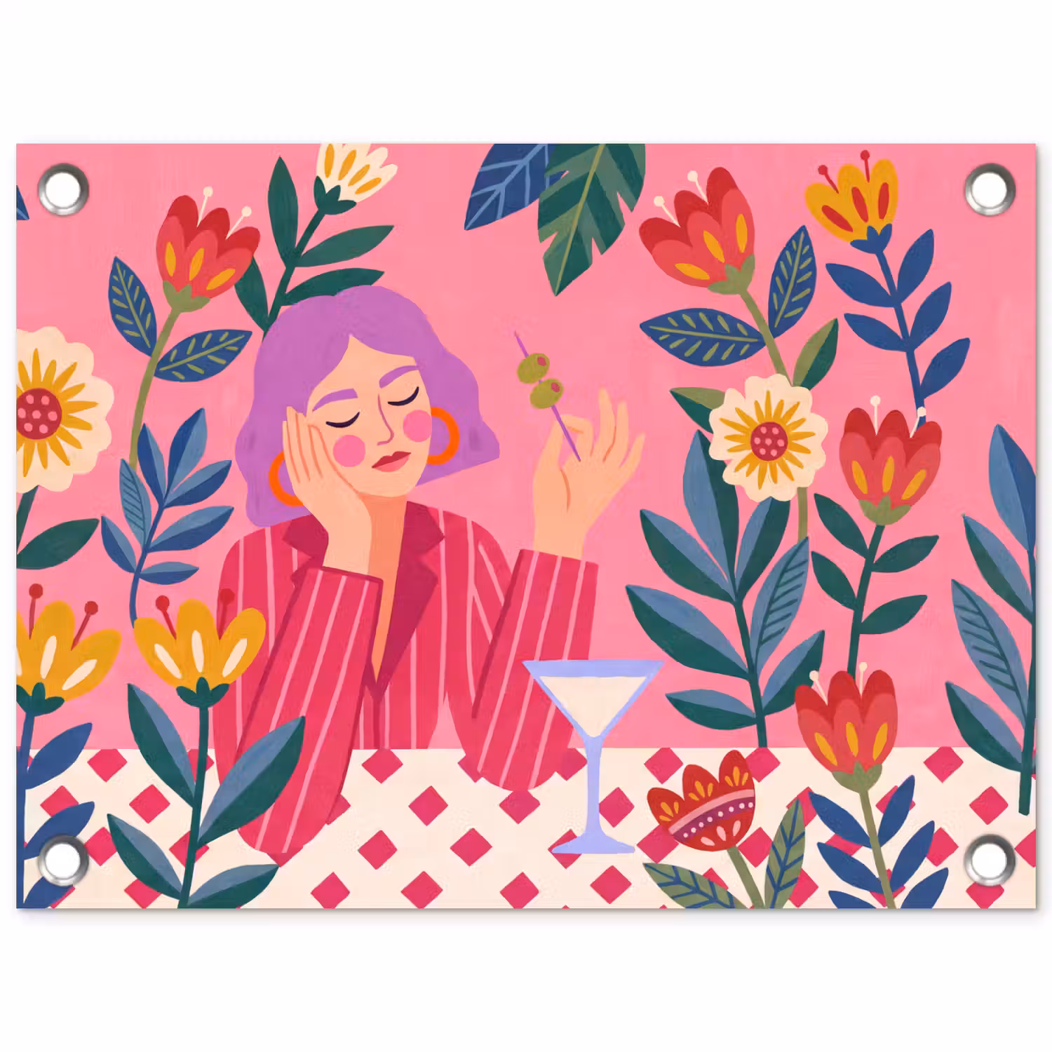 Vrouw - Cocktail - Bloemen - Modern - Roze tuinposter los doek klein -3d