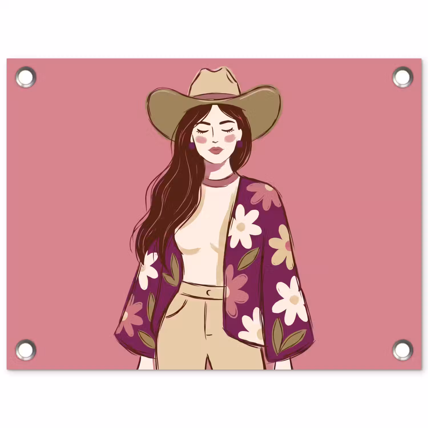 Vrouw - Hoed - Portret - Illustratie - Roze tuinposter los doek klein -3d